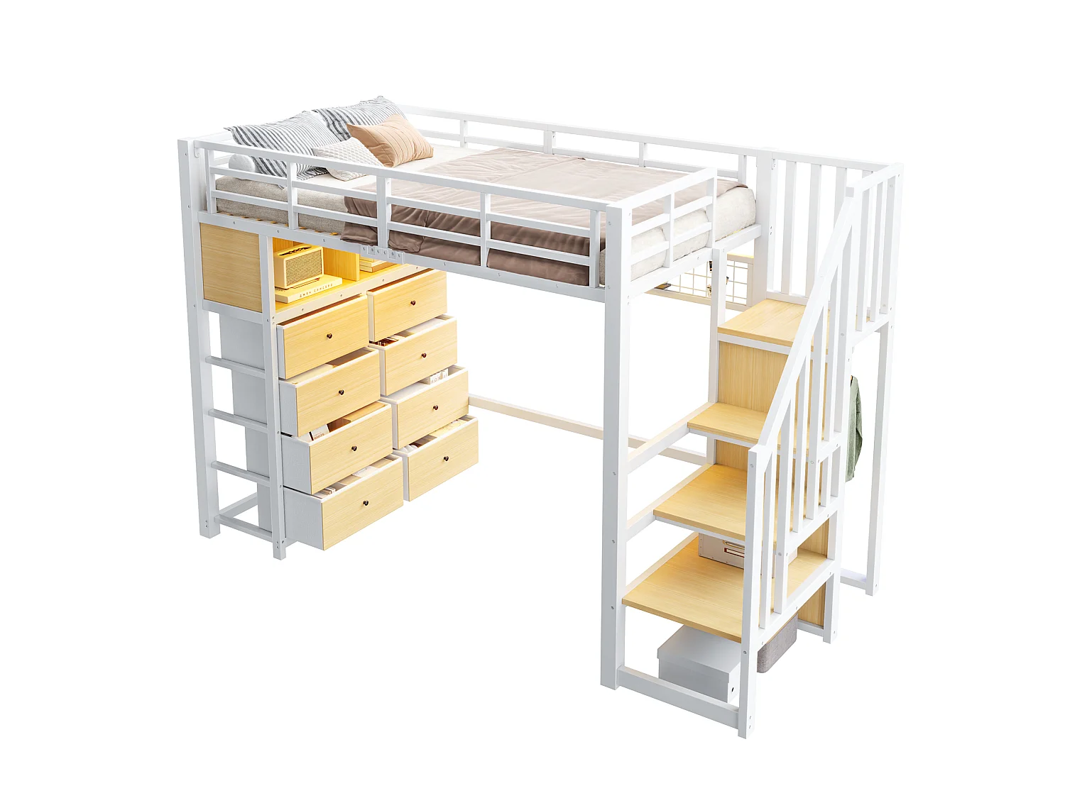 Cama mezzanine de metal 90x200 cm - con 8 cajones y escalera de almacenamiento - LED, estantes y panel perforado - Blanca (sin colchón)