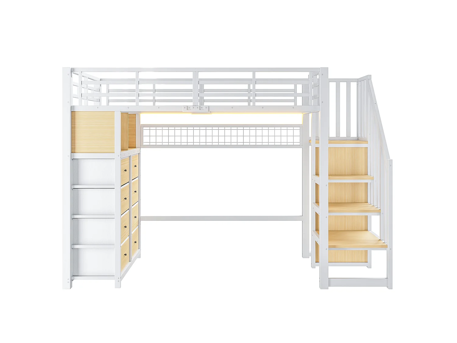 Cama mezzanine de metal 90x200 cm - con 8 cajones y escalera de almacenamiento - LED, estantes y panel perforado - Blanca (sin colchón)