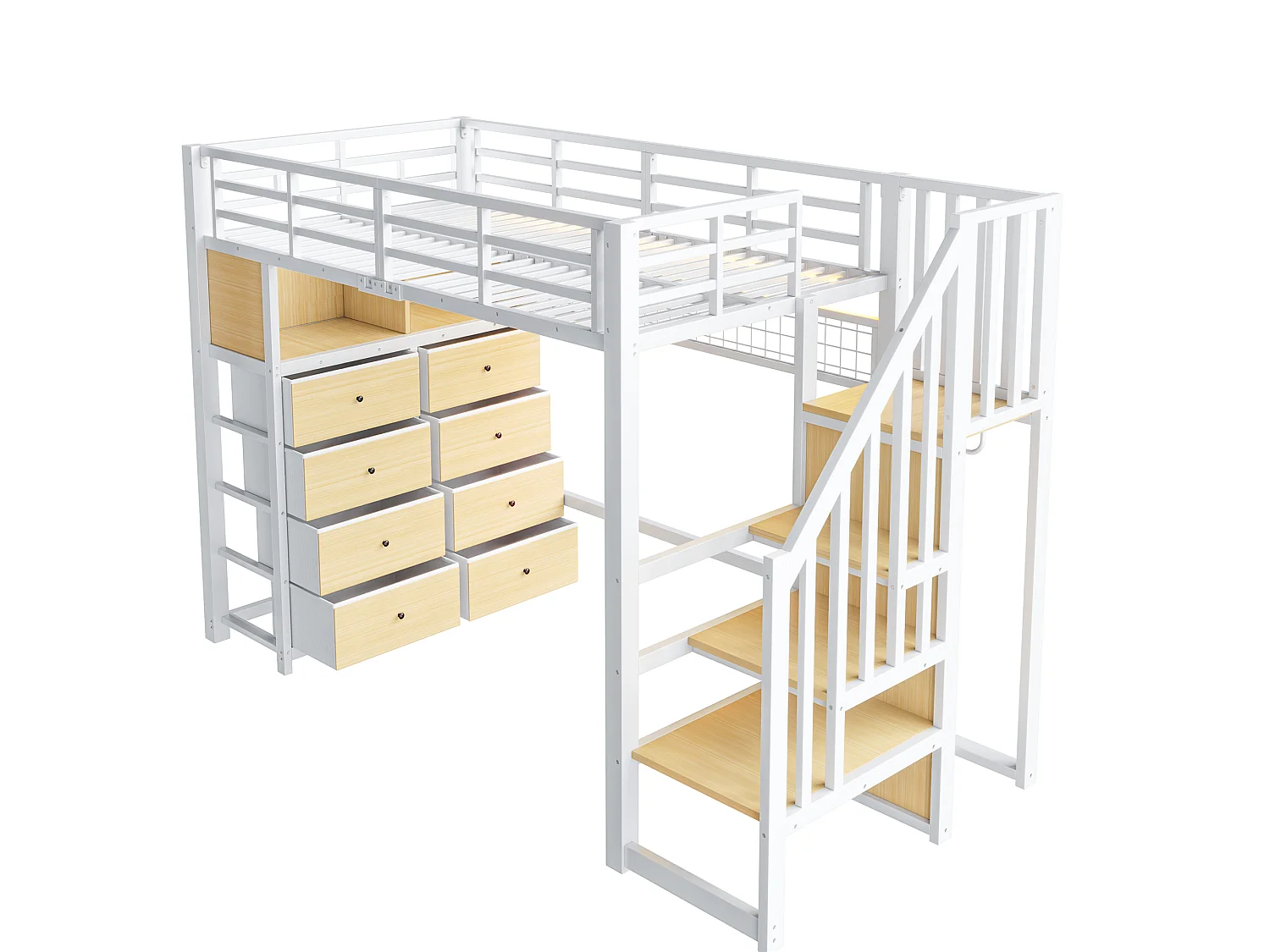 Cama mezzanine de metal 90x200 cm - con 8 cajones y escalera de almacenamiento - LED, estantes y panel perforado - Blanca (sin colchón)
