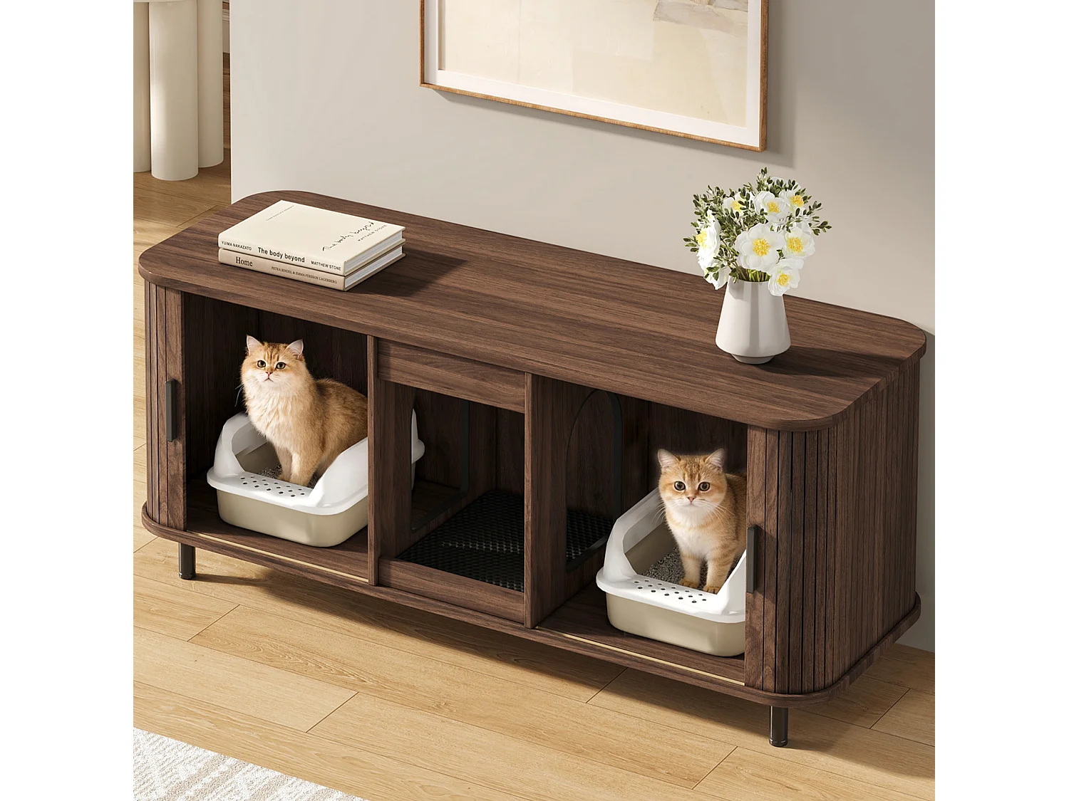 Meuble TV cache-litière pour 2 chats avec 2 portes coulissantes et tapis récupérateur de litière - MDF - 140 x 50 x 60 cm - Noyer
