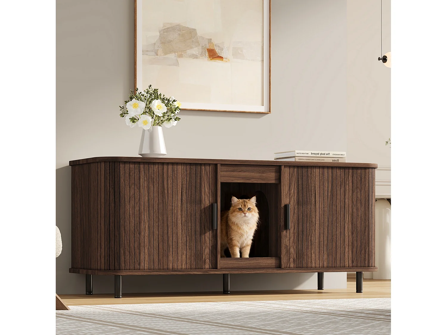Meuble TV cache-litière pour 2 chats avec 2 portes coulissantes et tapis récupérateur de litière - MDF - 140 x 50 x 60 cm - Noyer
