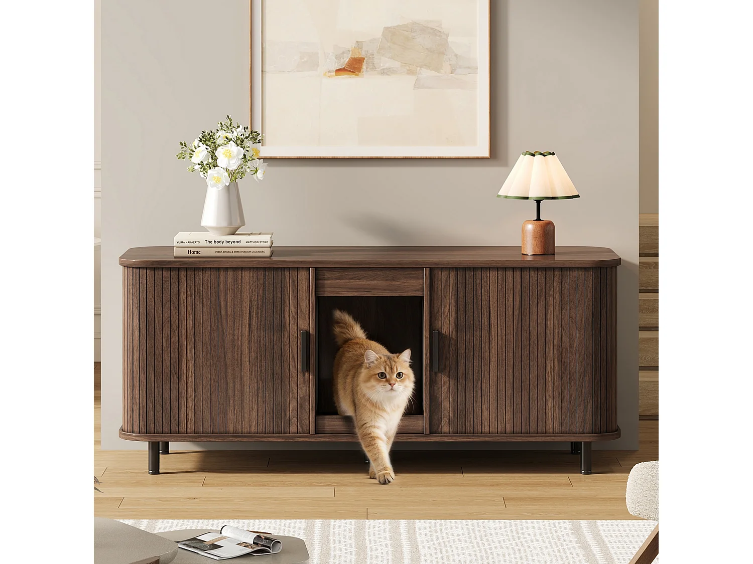 Meuble TV cache-litière pour 2 chats avec 2 portes coulissantes et tapis récupérateur de litière - MDF - 140 x 50 x 60 cm - Noyer