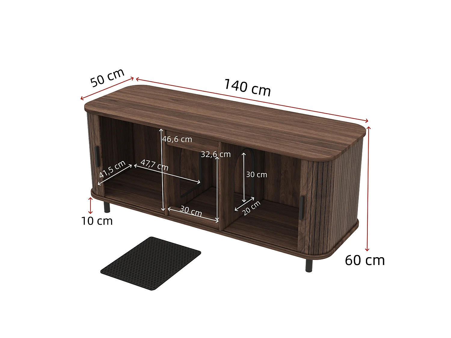 Meuble TV cache-litière pour 2 chats avec 2 portes coulissantes et tapis récupérateur de litière - MDF - 140 x 50 x 60 cm - Noyer