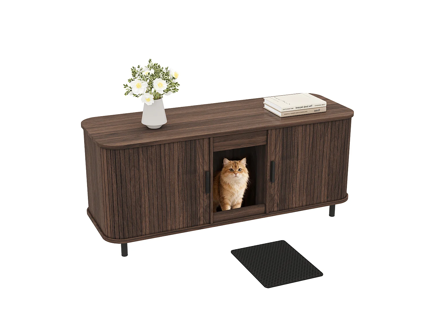 Meuble TV cache-litière pour 2 chats avec 2 portes coulissantes et tapis récupérateur de litière - MDF - 140 x 50 x 60 cm - Noyer