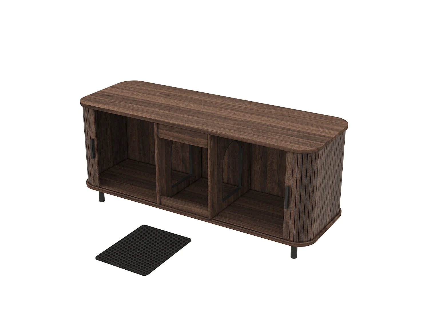 Meuble TV cache-litière pour 2 chats avec 2 portes coulissantes et tapis récupérateur de litière - MDF - 140 x 50 x 60 cm - Noyer
