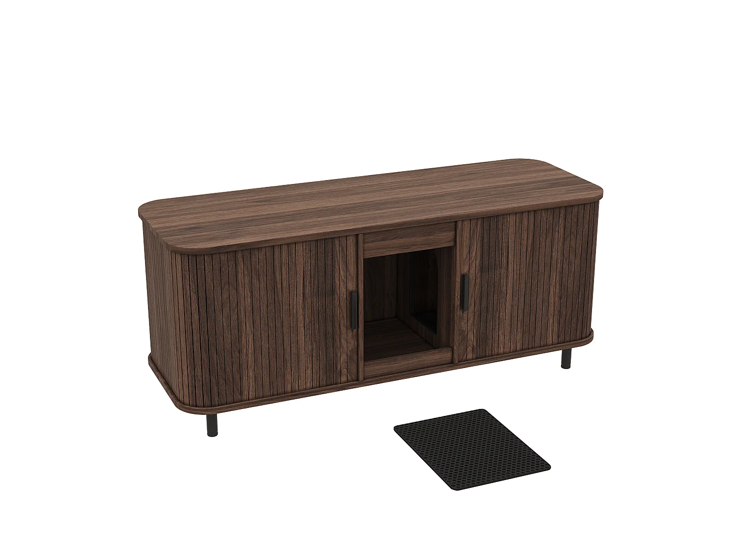 Meuble TV cache-litière pour 2 chats avec 2 portes coulissantes et tapis récupérateur de litière - MDF - 140 x 50 x 60 cm - Noyer