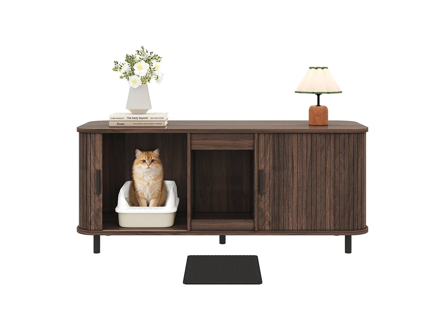 Meuble TV cache-litière pour 2 chats avec 2 portes coulissantes et tapis récupérateur de litière - MDF - 140 x 50 x 60 cm - Noyer