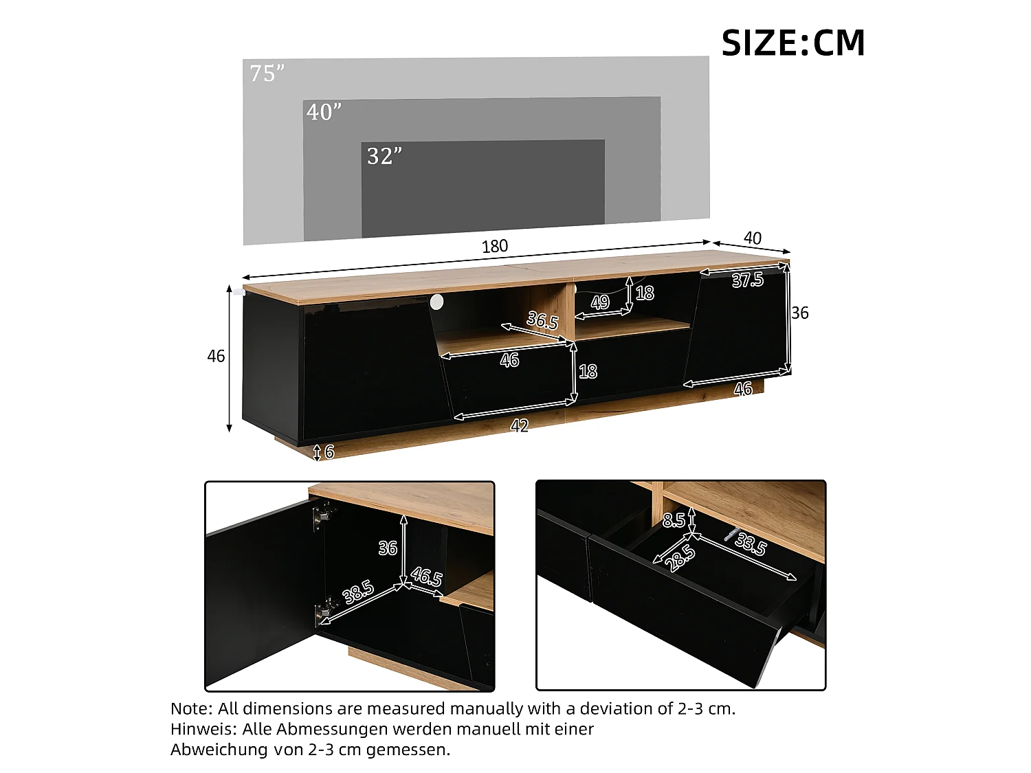 TV-Möbel mit LED-Beleuchtung, 2 Schubladen, 2 Schränken und Hochglanzfront – Spanplatte – 180 x 40 x 46 cm – Schwarz + Naturholz