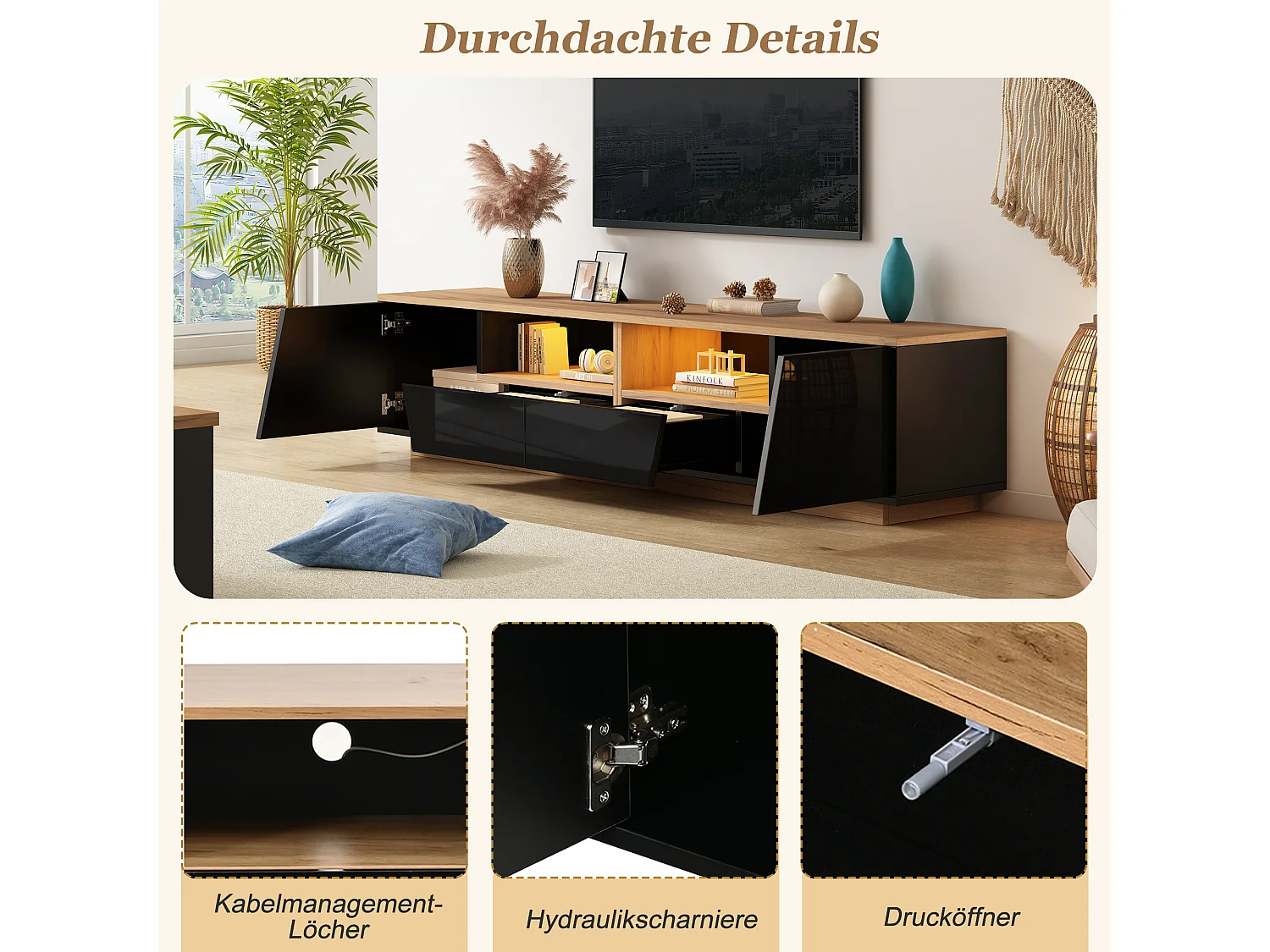 TV-Möbel mit LED-Beleuchtung, 2 Schubladen, 2 Schränken und Hochglanzfront – Spanplatte – 180 x 40 x 46 cm – Schwarz + Naturholz