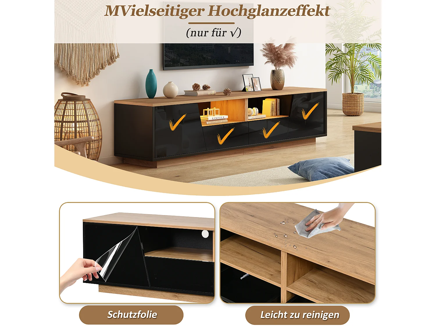 TV-Möbel mit LED-Beleuchtung, 2 Schubladen, 2 Schränken und Hochglanzfront – Spanplatte – 180 x 40 x 46 cm – Schwarz + Naturholz