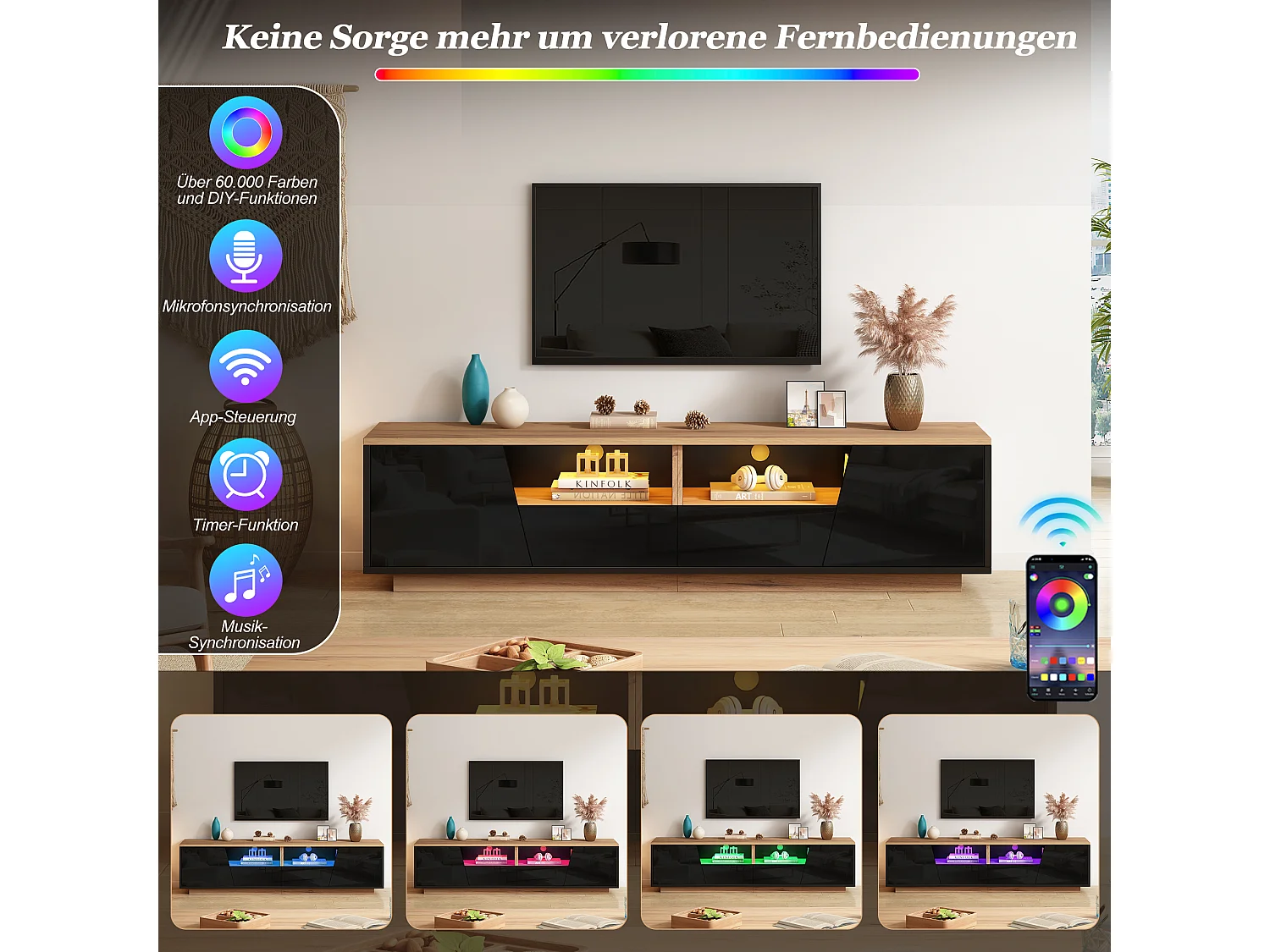 TV-Möbel mit LED-Beleuchtung, 2 Schubladen, 2 Schränken und Hochglanzfront – Spanplatte – 180 x 40 x 46 cm – Schwarz + Naturholz