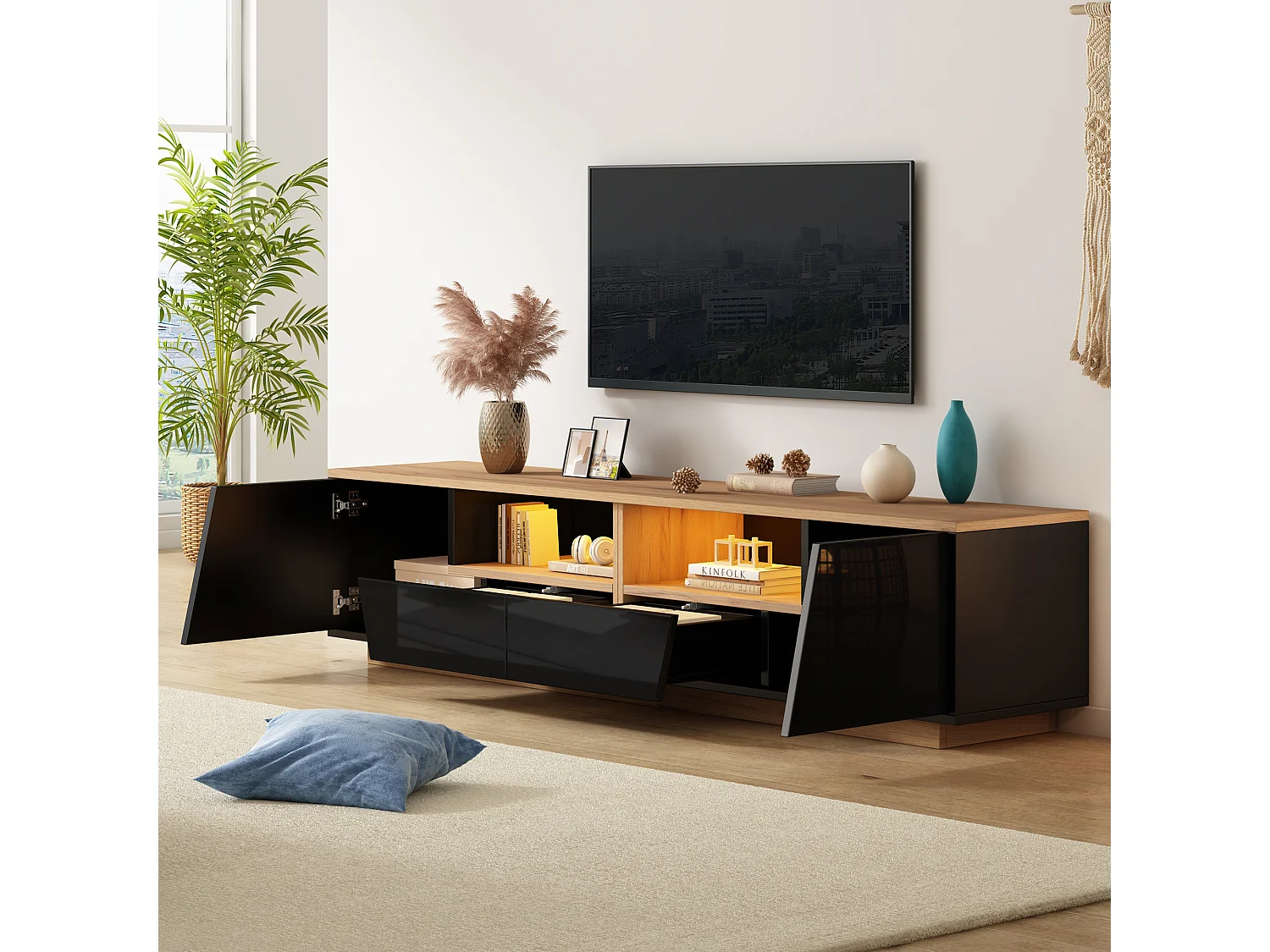 TV-Möbel mit LED-Beleuchtung, 2 Schubladen, 2 Schränken und Hochglanzfront – Spanplatte – 180 x 40 x 46 cm – Schwarz + Naturholz