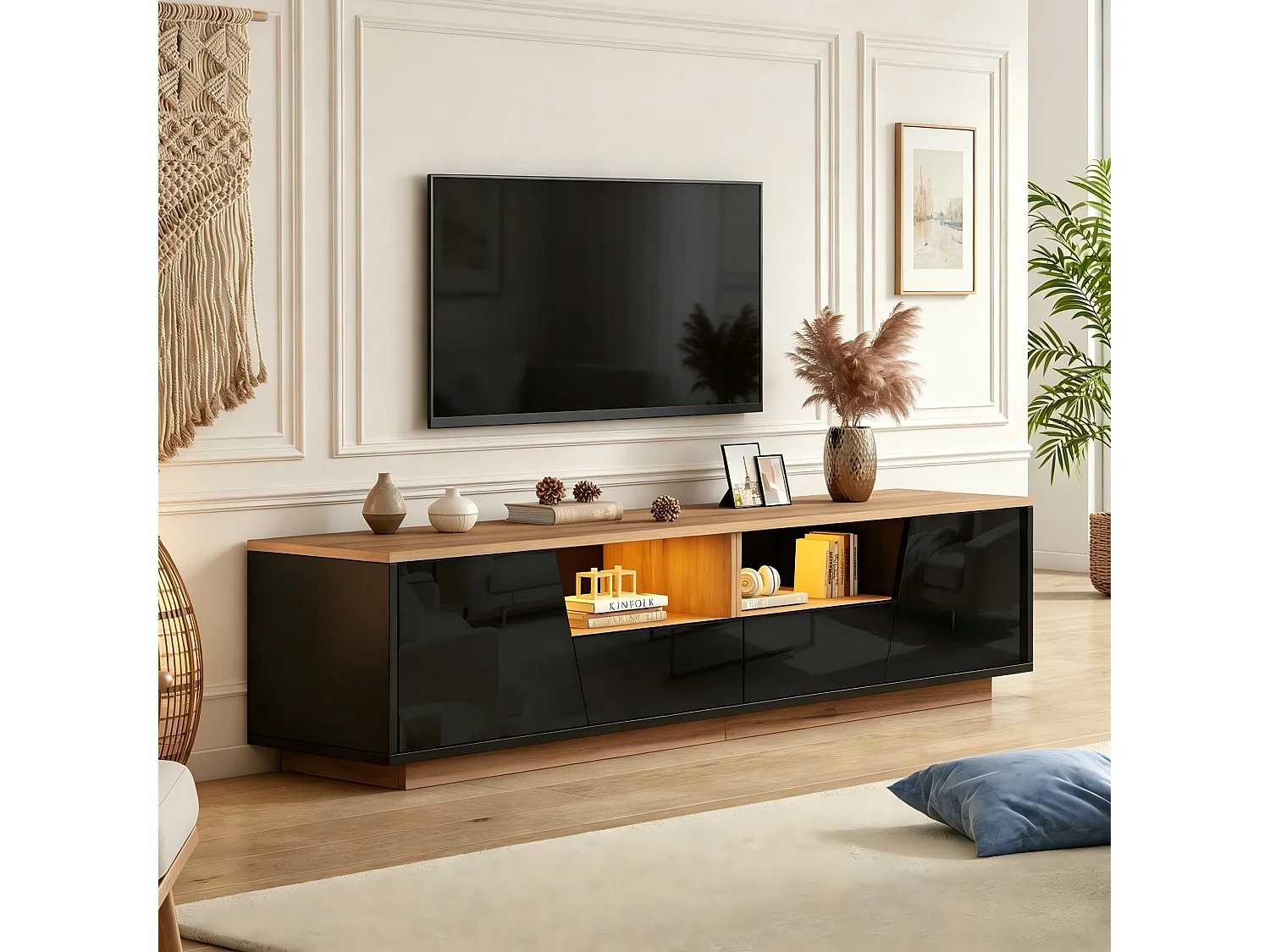 TV-Möbel mit LED-Beleuchtung, 2 Schubladen, 2 Schränken und Hochglanzfront – Spanplatte – 180 x 40 x 46 cm – Schwarz + Naturholz