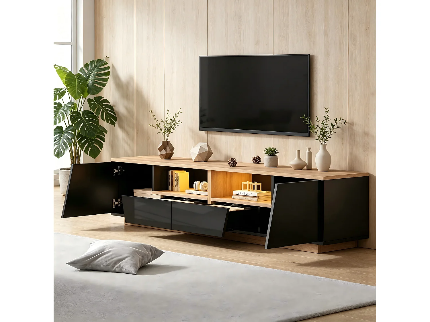 TV-Möbel mit LED-Beleuchtung, 2 Schubladen, 2 Schränken und Hochglanzfront – Spanplatte – 180 x 40 x 46 cm – Schwarz + Naturholz