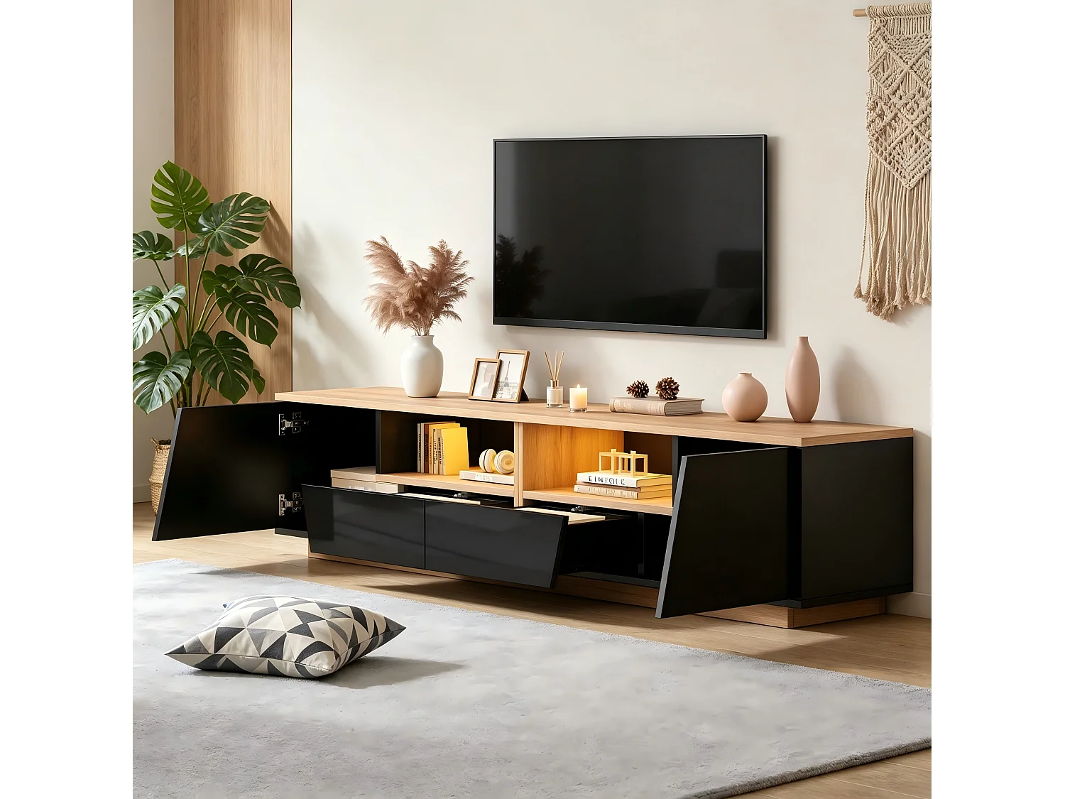 TV-Möbel mit LED-Beleuchtung, 2 Schubladen, 2 Schränken und Hochglanzfront – Spanplatte – 180 x 40 x 46 cm – Schwarz + Naturholz