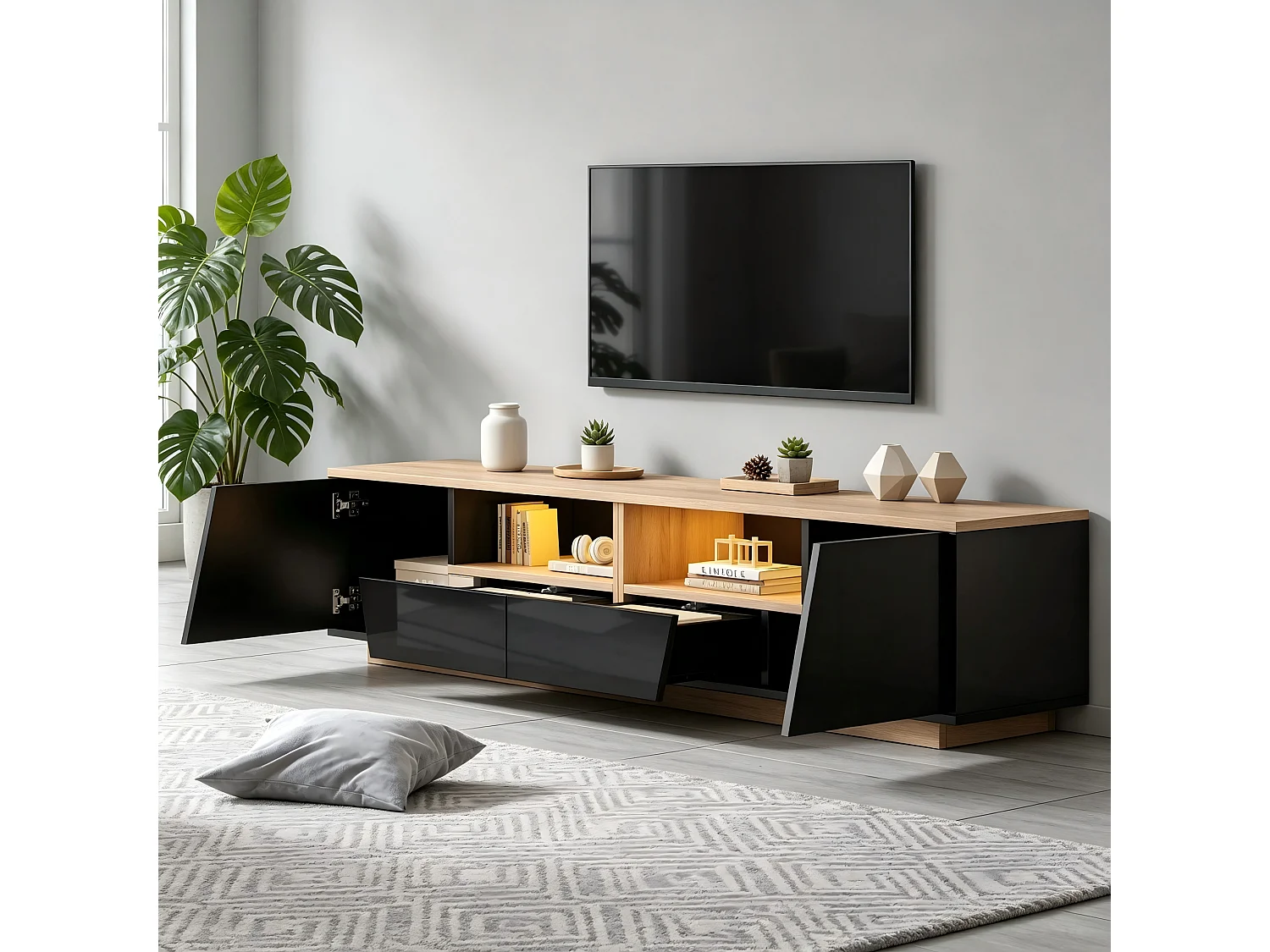TV-Möbel mit LED-Beleuchtung, 2 Schubladen, 2 Schränken und Hochglanzfront – Spanplatte – 180 x 40 x 46 cm – Schwarz + Naturholz