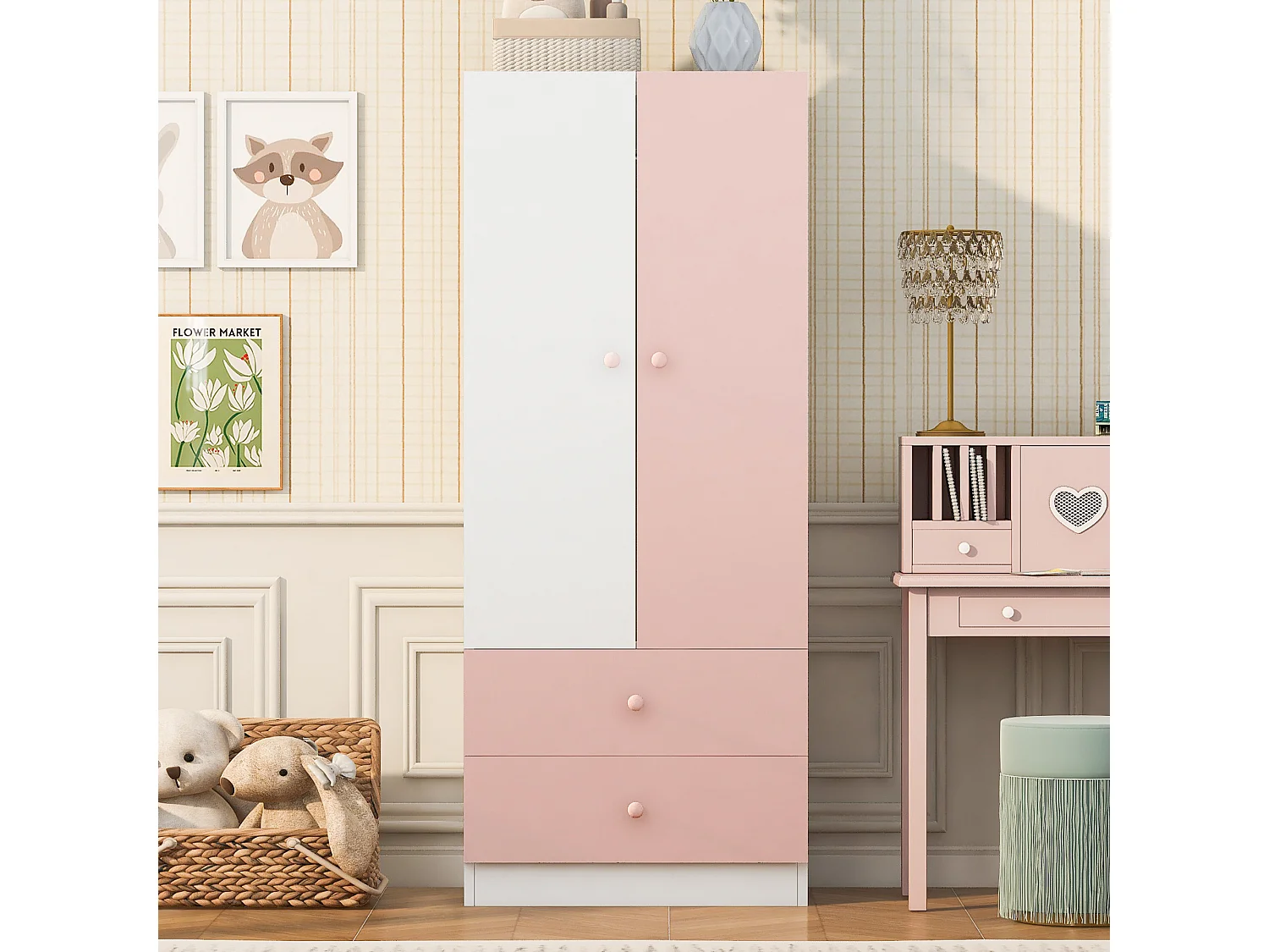 Armoire à une porte 70 × 40 × 170 cm - avec 2 tiroirs - rose