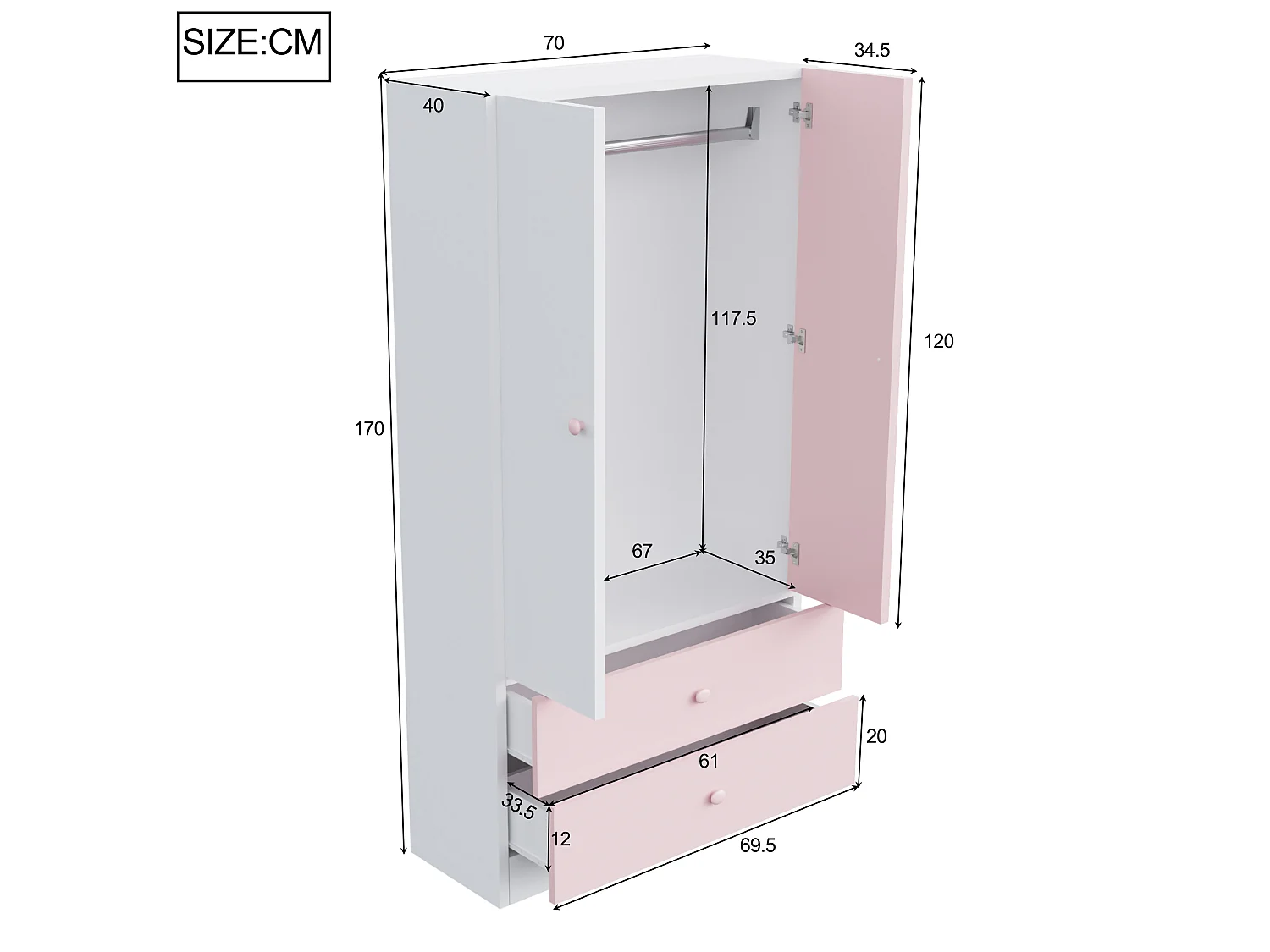 Armoire à une porte 70 × 40 × 170 cm - avec 2 tiroirs - rose