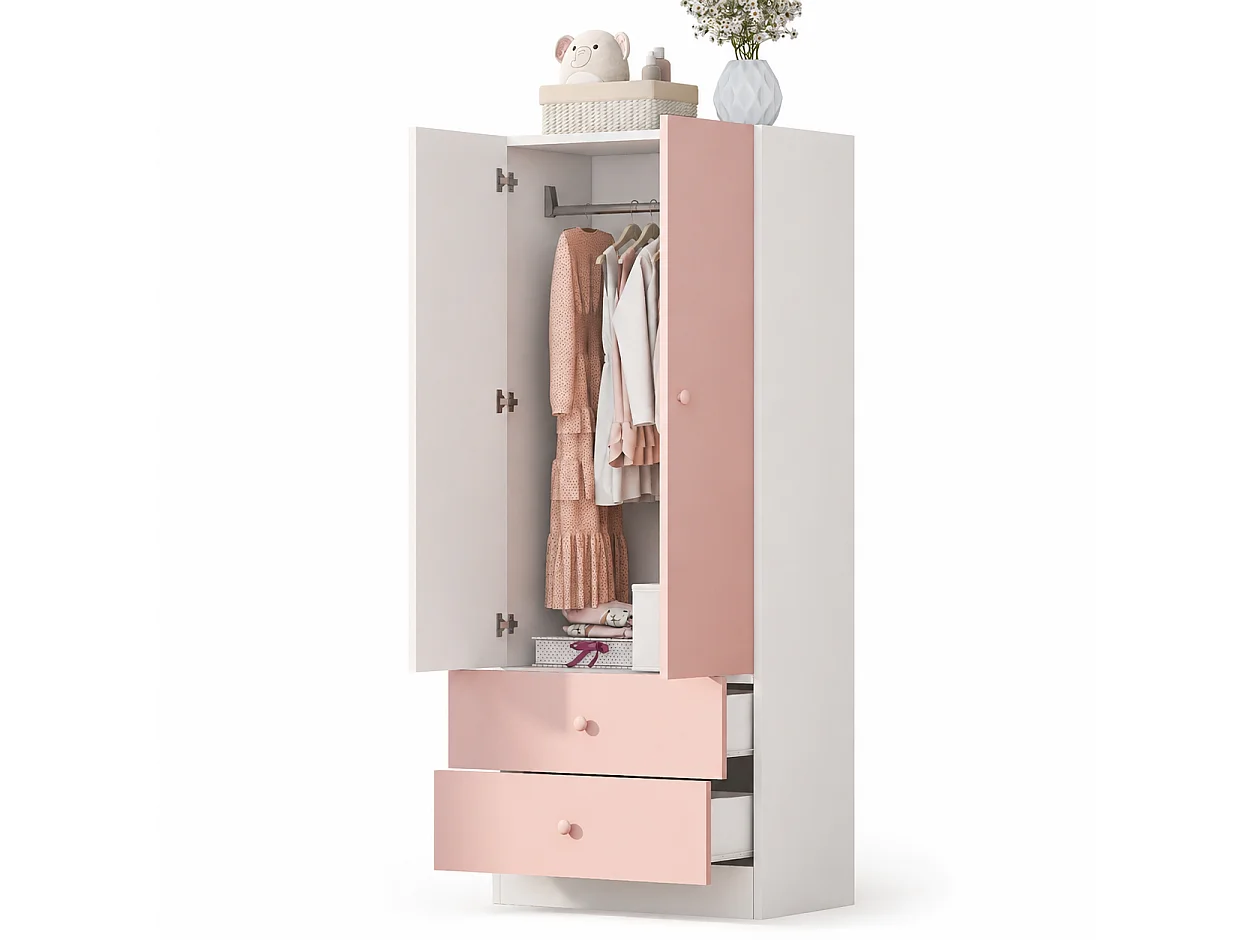 Armoire à une porte 70 × 40 × 170 cm - avec 2 tiroirs - rose