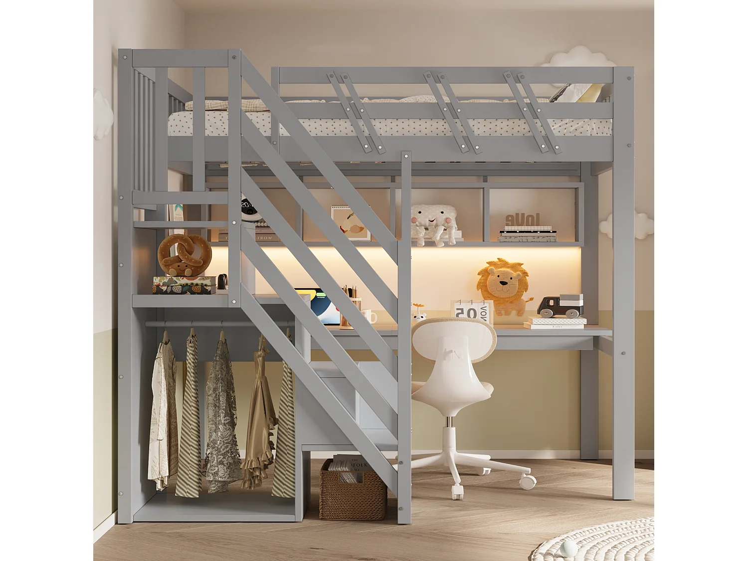 Lit mezzanine en bois massif 90x200cm - avec échelle de rangement - avec bureau - avec port USB - avec éclairage LED - gris (matelas non inclus)