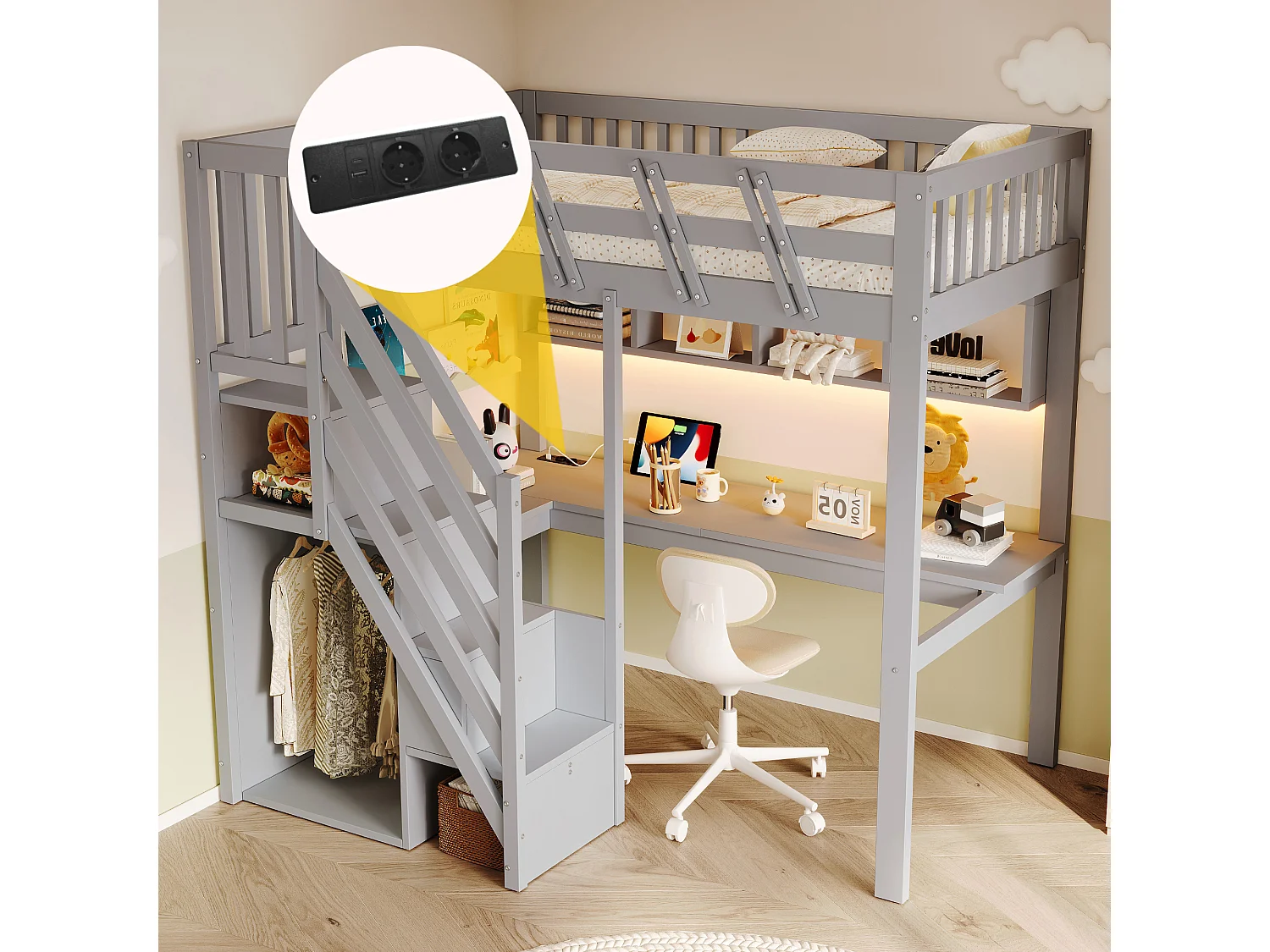 Lit mezzanine en bois massif 90x200cm - avec échelle de rangement - avec bureau - avec port USB - avec éclairage LED - gris (matelas non inclus)