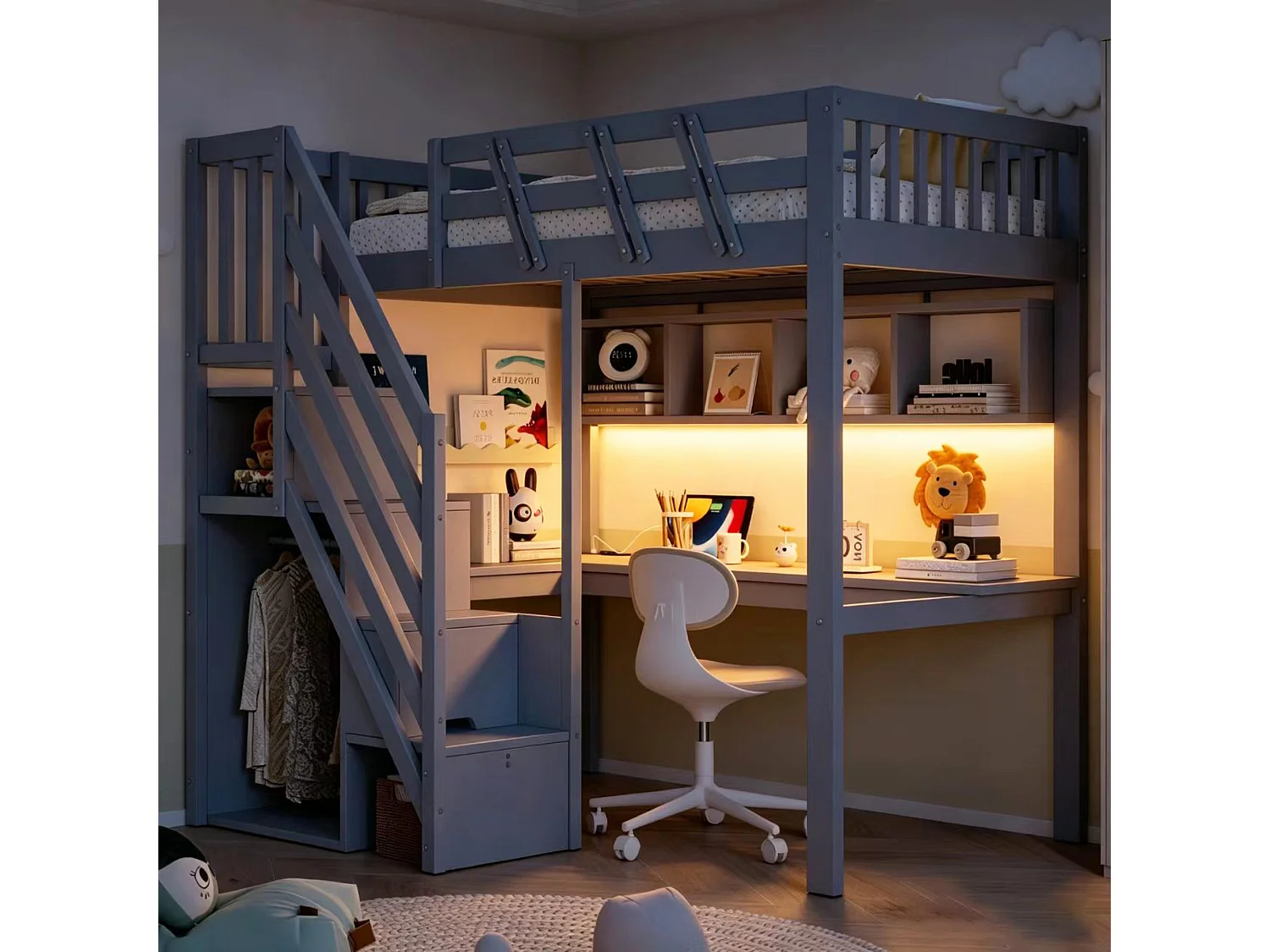 Lit mezzanine en bois massif 90x200cm - avec échelle de rangement - avec bureau - avec port USB - avec éclairage LED - gris (matelas non inclus)