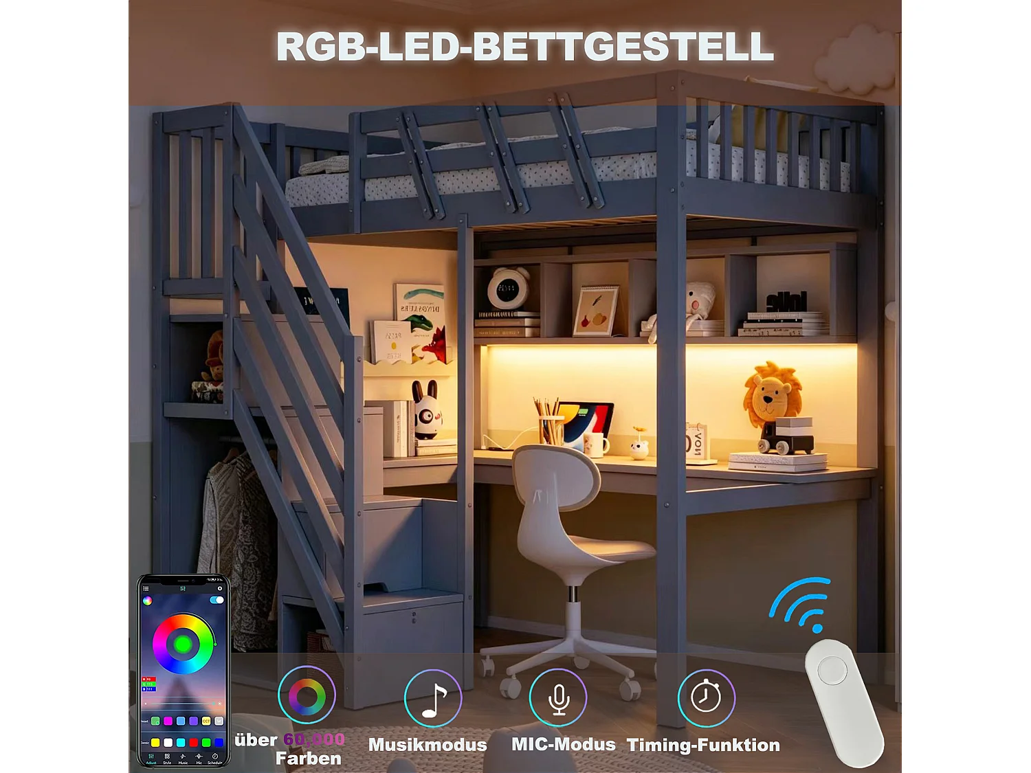 Lit mezzanine en bois massif 90x200cm - avec échelle de rangement - avec bureau - avec port USB - avec éclairage LED - gris (matelas non inclus)