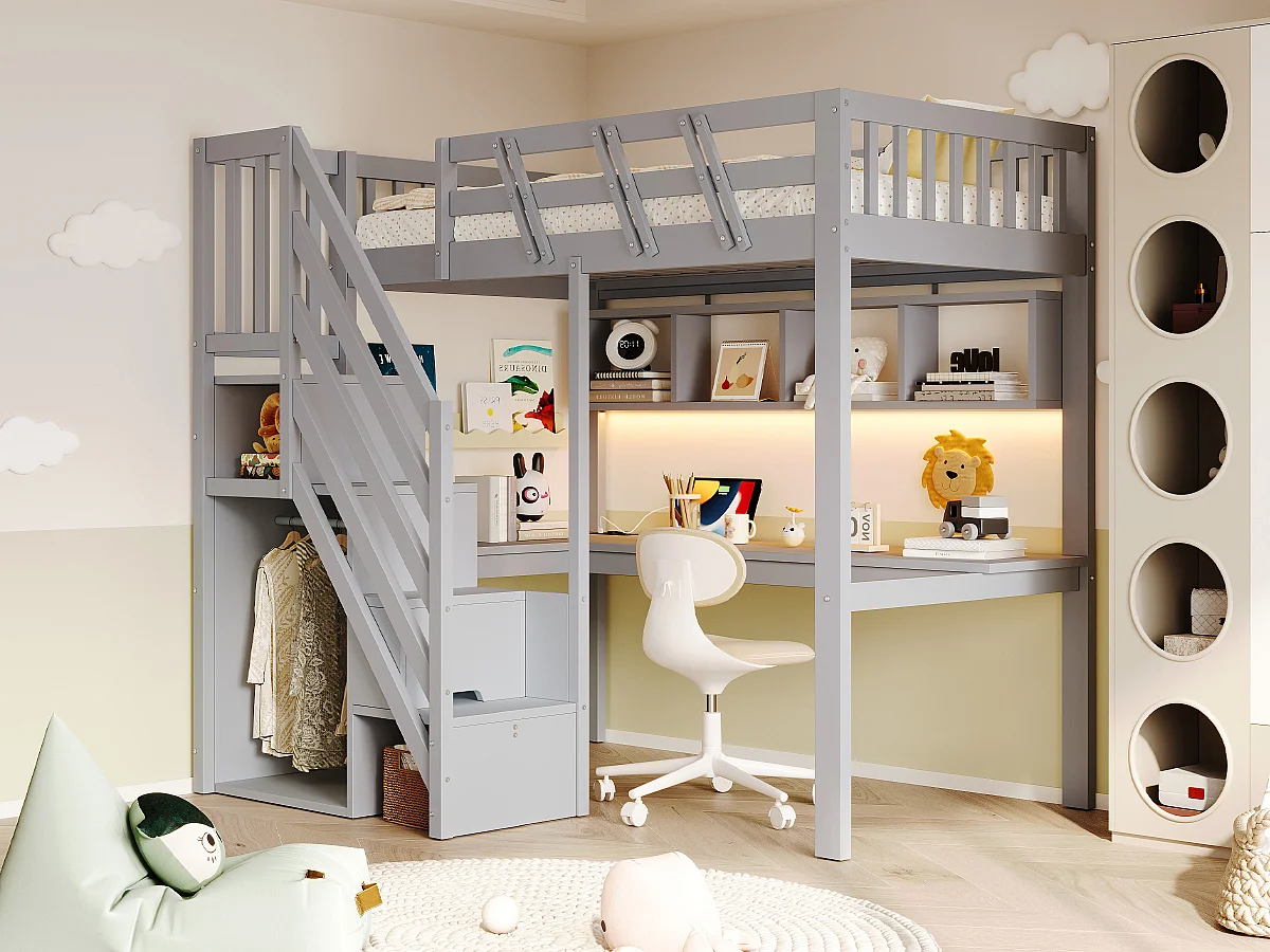 Lit mezzanine en bois massif 90x200cm - avec échelle de rangement - avec bureau - avec port USB - avec éclairage LED - gris (matelas non inclus)