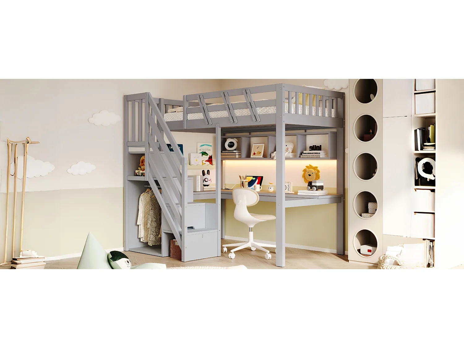 Lit mezzanine en bois massif 90x200cm - avec échelle de rangement - avec bureau - avec port USB - avec éclairage LED - gris (matelas non inclus)