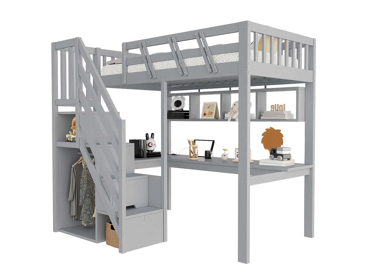 Lit mezzanine en bois massif 90x200cm - avec échelle de rangement - avec bureau - avec port USB - avec éclairage LED - gris (matelas non inclus)