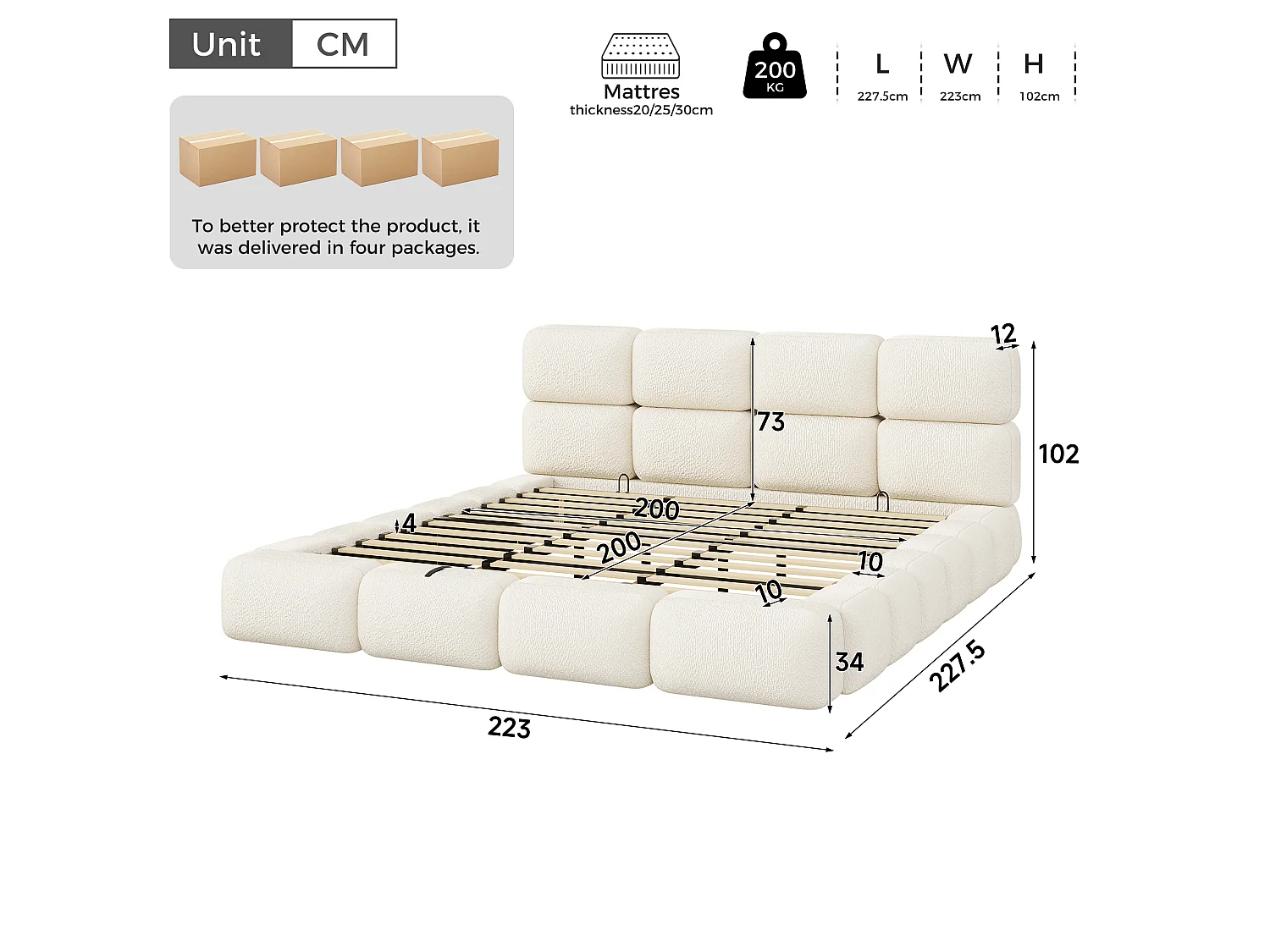 Opbergbed met gestoffeerd hoofdeinde 200x200 cm - Gestoffeerd hoofdeinde - Grote opbergruimte - Boucléstof - Wit (Matras niet inbegrepen)