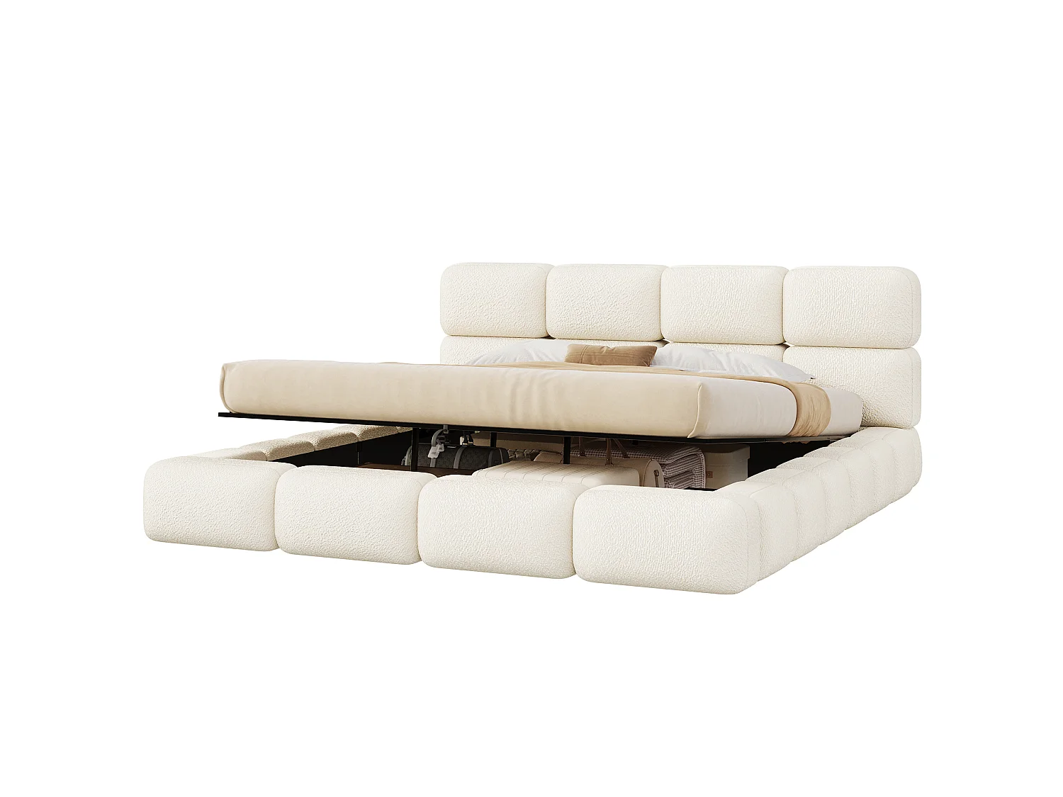 Opbergbed met gestoffeerd hoofdeinde 200x200 cm - Gestoffeerd hoofdeinde - Grote opbergruimte - Boucléstof - Wit (Matras niet inbegrepen)