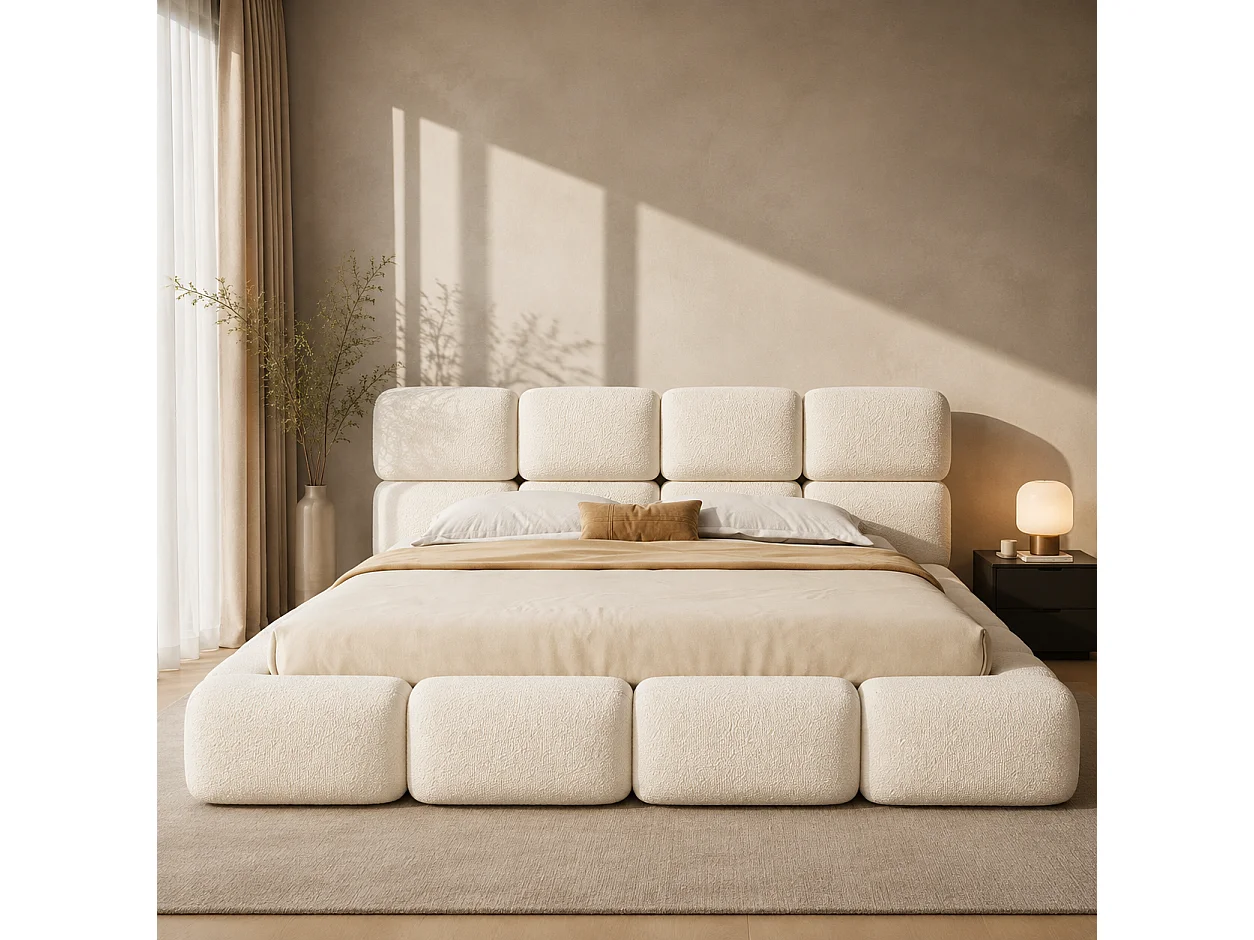 Opbergbed met gestoffeerd hoofdeinde 200x200 cm - Gestoffeerd hoofdeinde - Grote opbergruimte - Boucléstof - Wit (Matras niet inbegrepen)