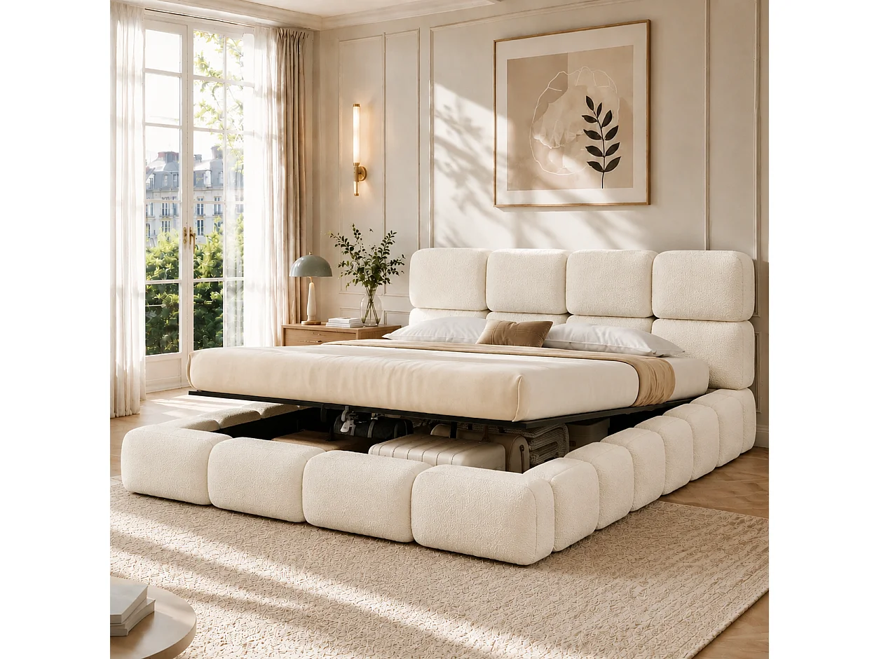 Opbergbed met gestoffeerd hoofdeinde 200x200 cm - Gestoffeerd hoofdeinde - Grote opbergruimte - Boucléstof - Wit (Matras niet inbegrepen)