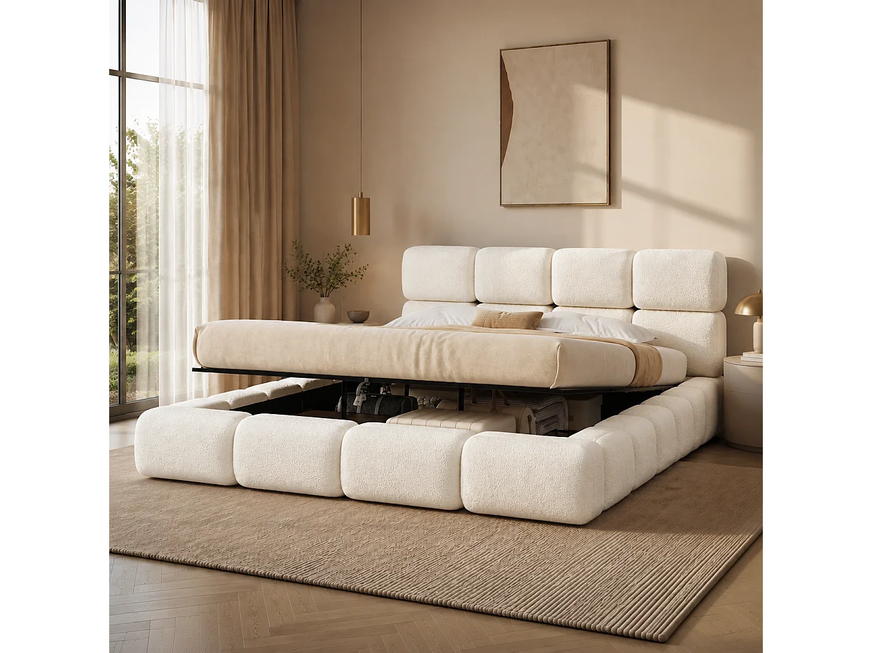 Opbergbed met gestoffeerd hoofdeinde 200x200 cm - Gestoffeerd hoofdeinde - Grote opbergruimte - Boucléstof - Wit (Matras niet inbegrepen)