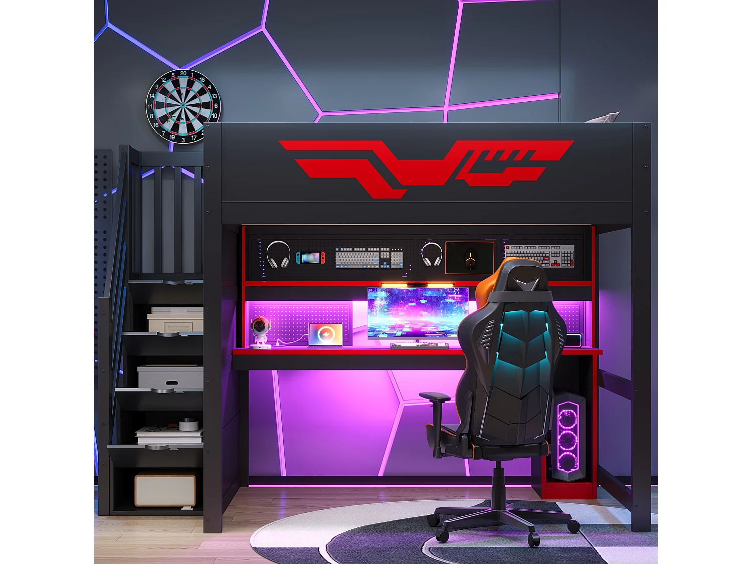 Lit mezzanine gaming 140 x 200 cm - Avec bureau et échelle de rangement - Bande LED et port USB - Noir et rouge (sans matelas)