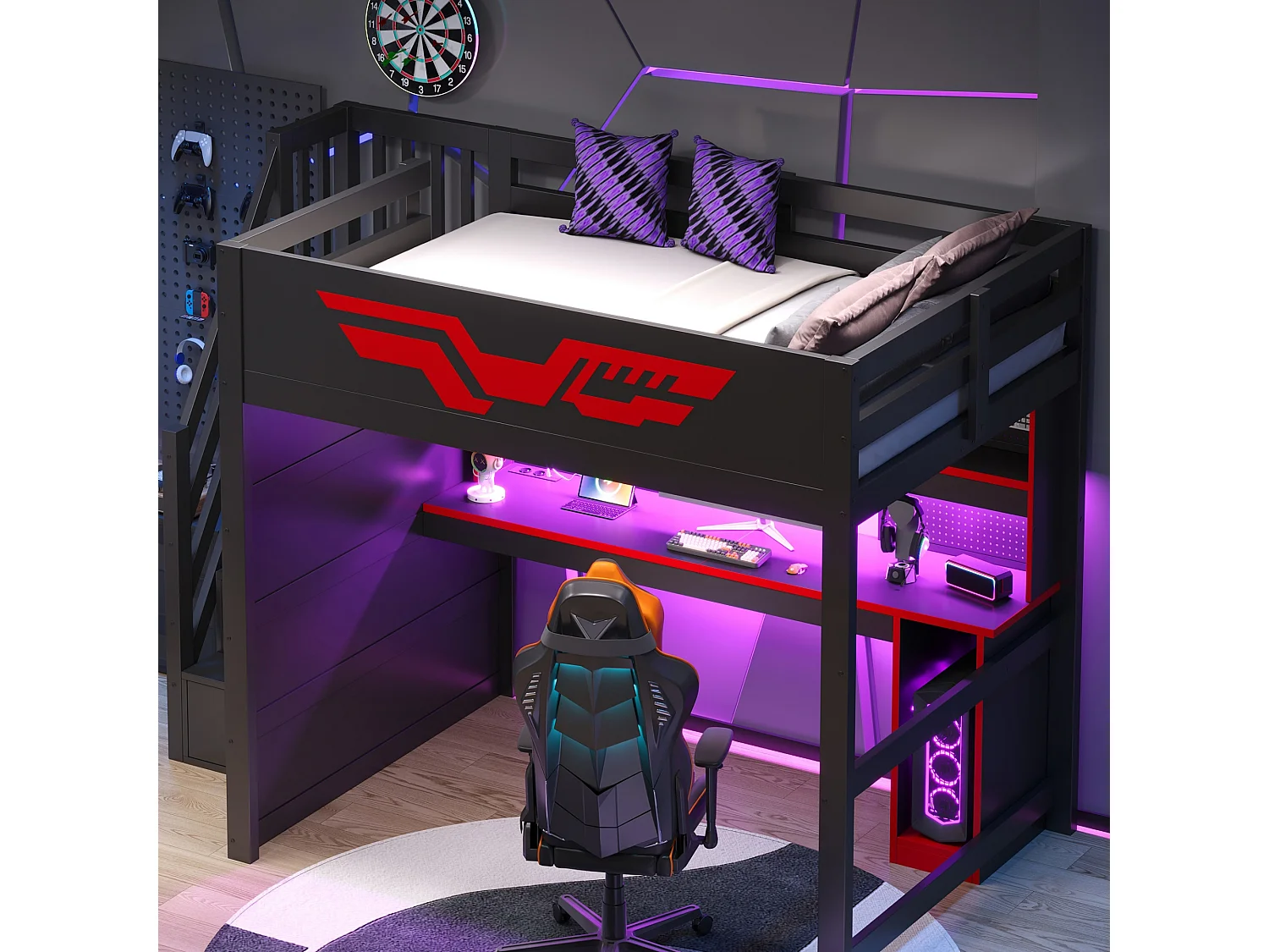 Lit mezzanine gaming 140 x 200 cm - Avec bureau et échelle de rangement - Bande LED et port USB - Noir et rouge (sans matelas)