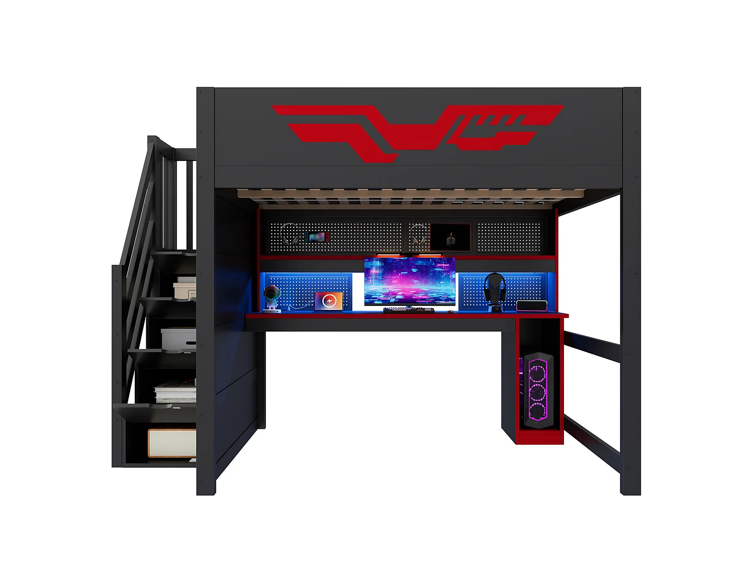 Lit mezzanine gaming 140 x 200 cm - Avec bureau et échelle de rangement - Bande LED et port USB - Noir et rouge (sans matelas)