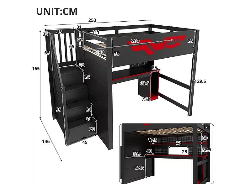 Lit mezzanine gaming 140 x 200 cm - Avec bureau et échelle de rangement - Bande LED et port USB - Noir et rouge (sans matelas)