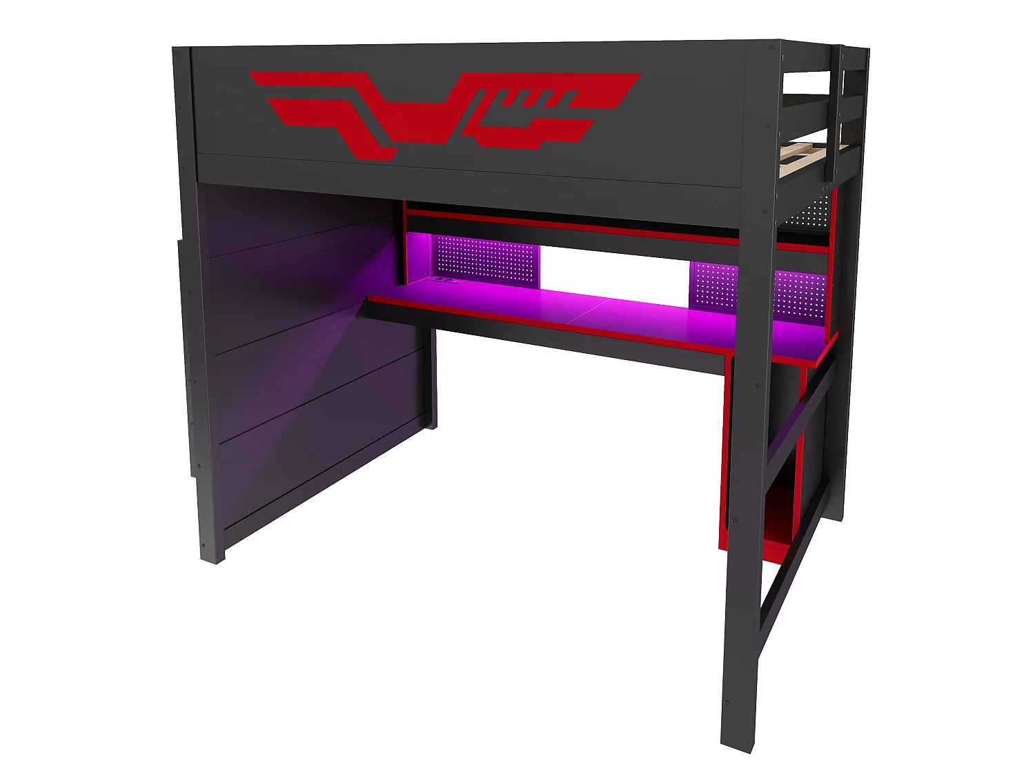 Lit mezzanine gaming 140 x 200 cm - Avec bureau et échelle de rangement - Bande LED et port USB - Noir et rouge (sans matelas)