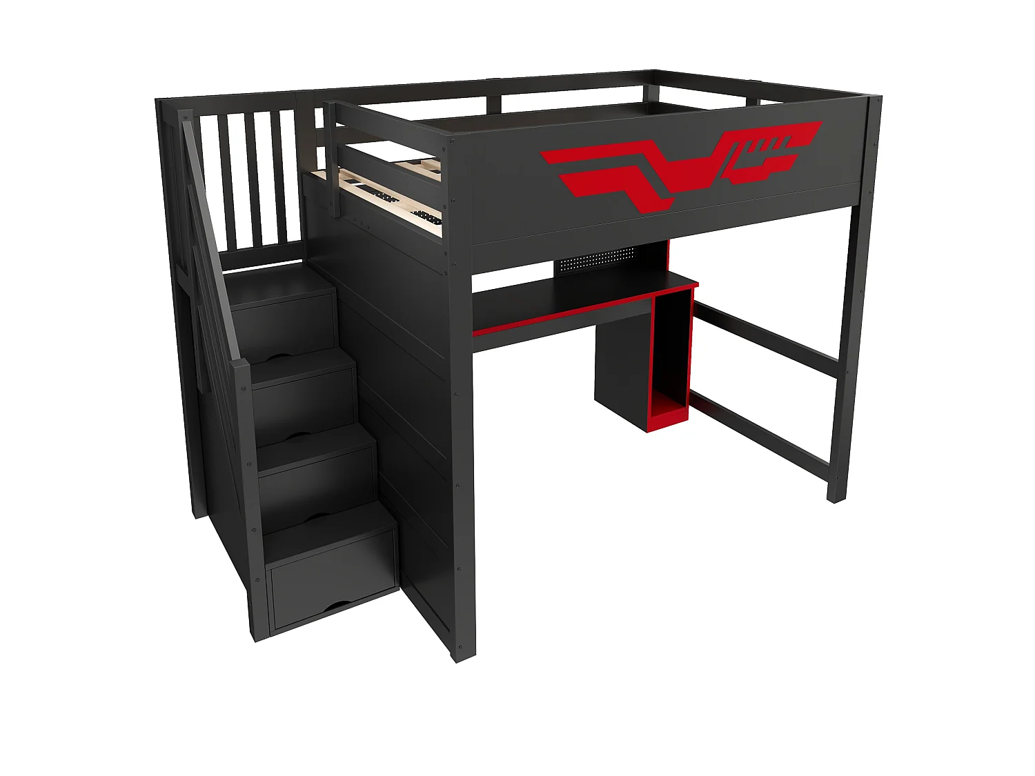 Lit mezzanine gaming 140 x 200 cm - Avec bureau et échelle de rangement - Bande LED et port USB - Noir et rouge (sans matelas)