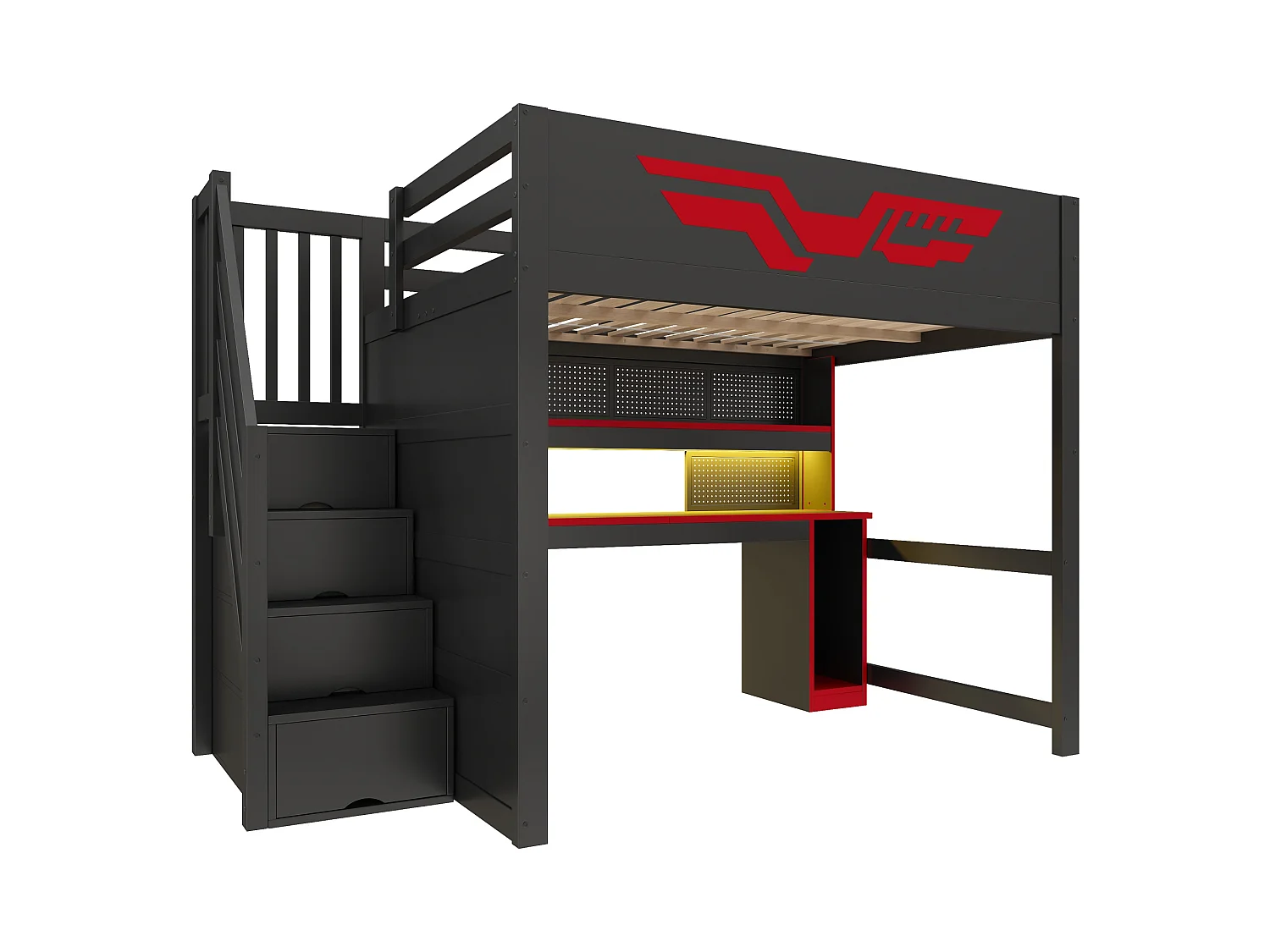 Lit mezzanine gaming 140 x 200 cm - Avec bureau et échelle de rangement - Bande LED et port USB - Noir et rouge (sans matelas)