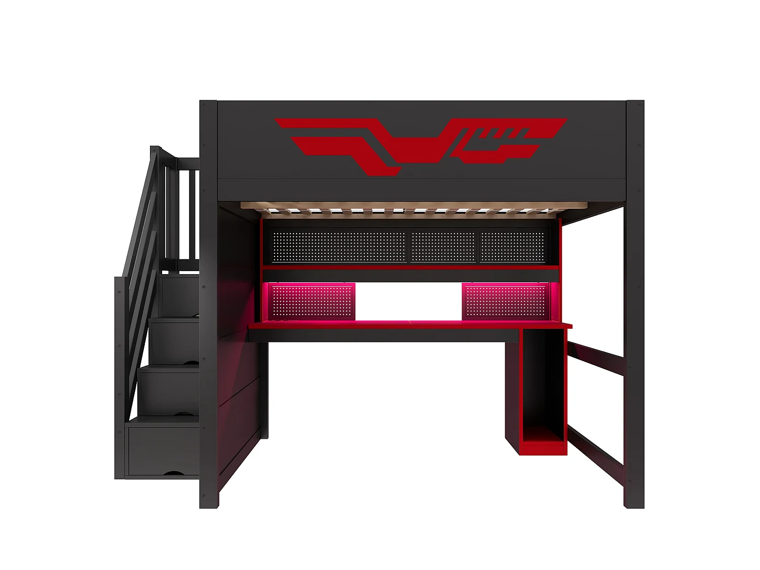 Lit mezzanine gaming 140 x 200 cm - Avec bureau et échelle de rangement - Bande LED et port USB - Noir et rouge (sans matelas)