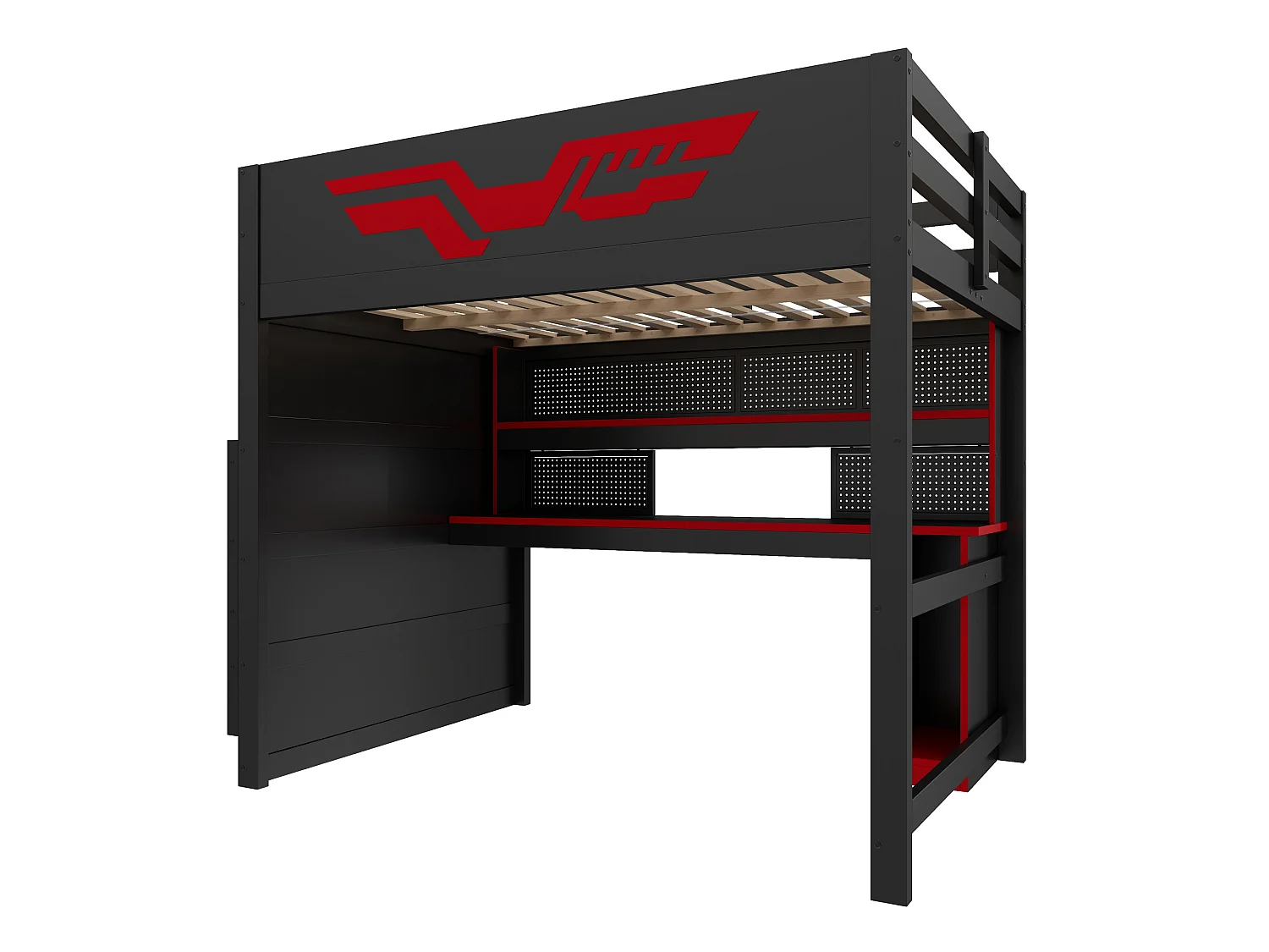 Lit mezzanine gaming 140 x 200 cm - Avec bureau et échelle de rangement - Bande LED et port USB - Noir et rouge (sans matelas)