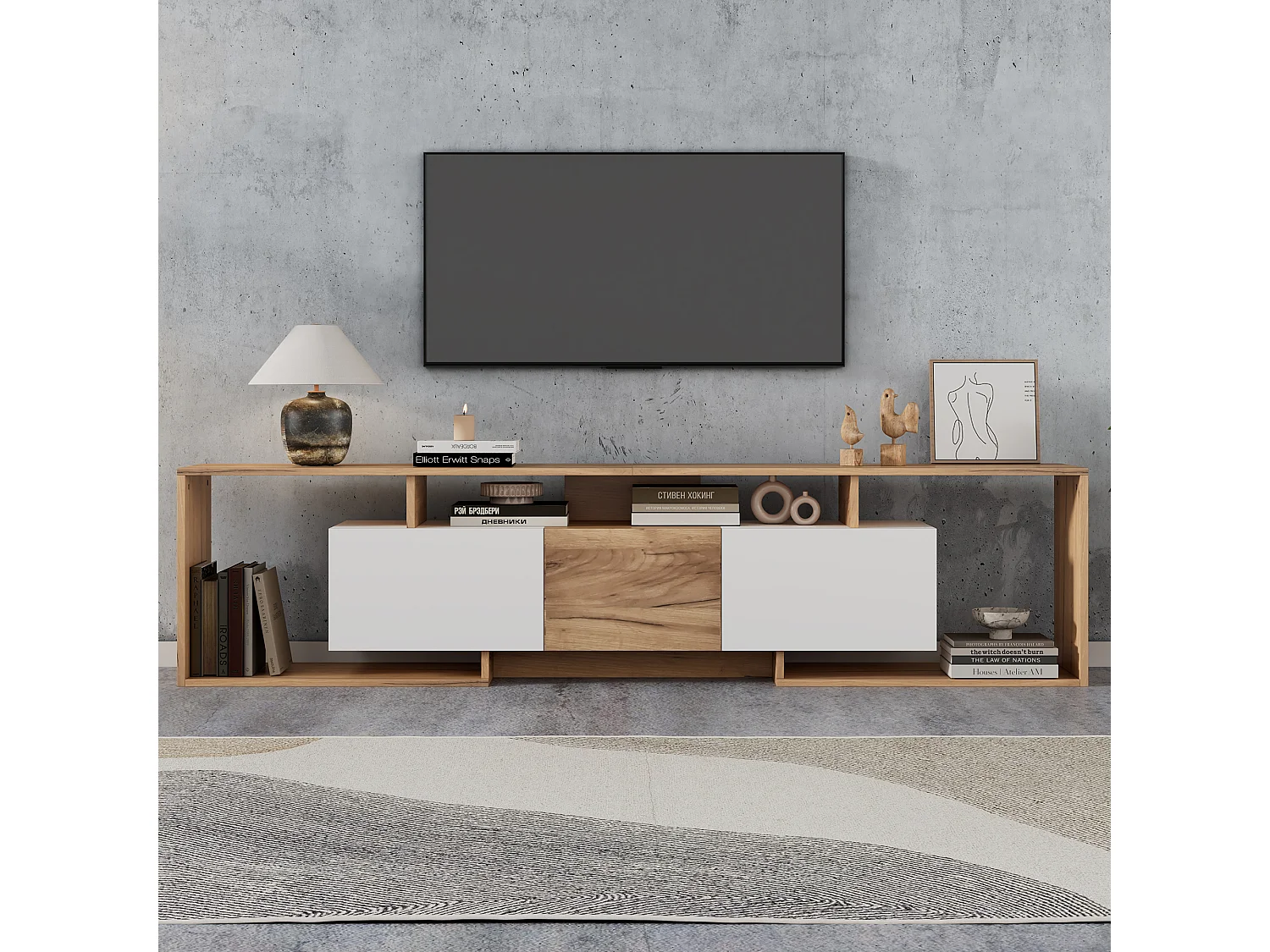 TV-Möbel mit 3 Türen, 3 offenen Fächern und Kabelmanagement – Spanplatte – 180 x 30 x 49 cm – Weiß + Naturholz