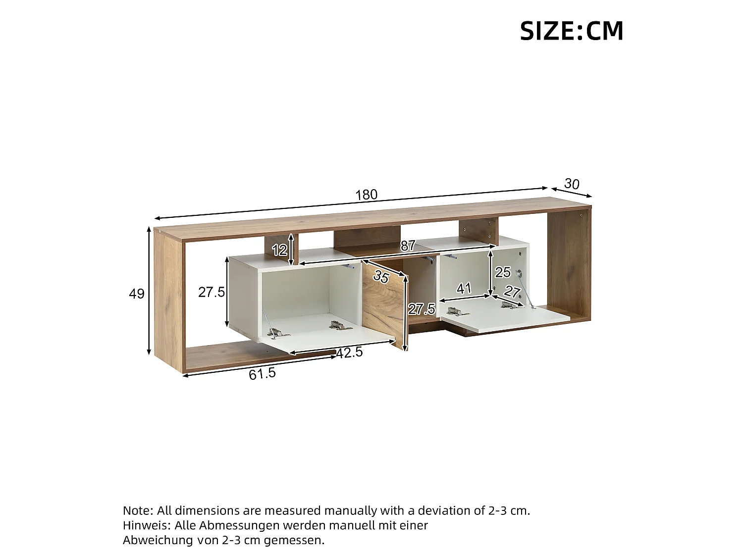 TV-Möbel mit 3 Türen, 3 offenen Fächern und Kabelmanagement – Spanplatte – 180 x 30 x 49 cm – Weiß + Naturholz