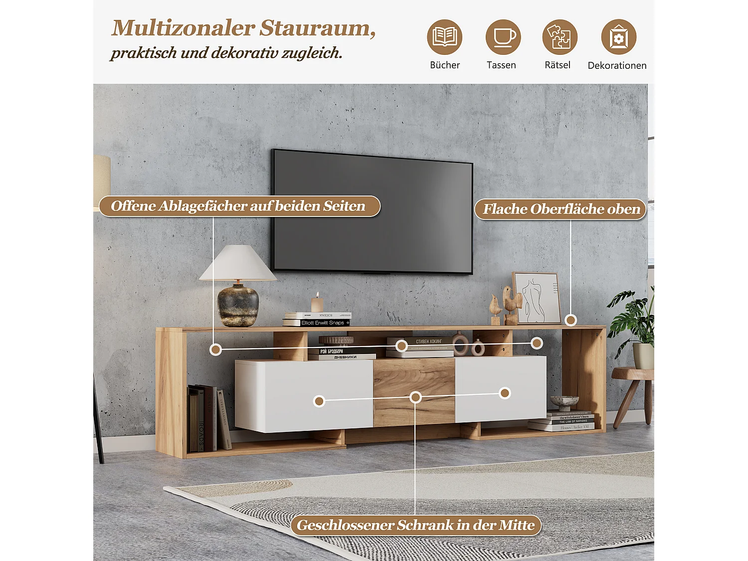 TV-Möbel mit 3 Türen, 3 offenen Fächern und Kabelmanagement – Spanplatte – 180 x 30 x 49 cm – Weiß + Naturholz