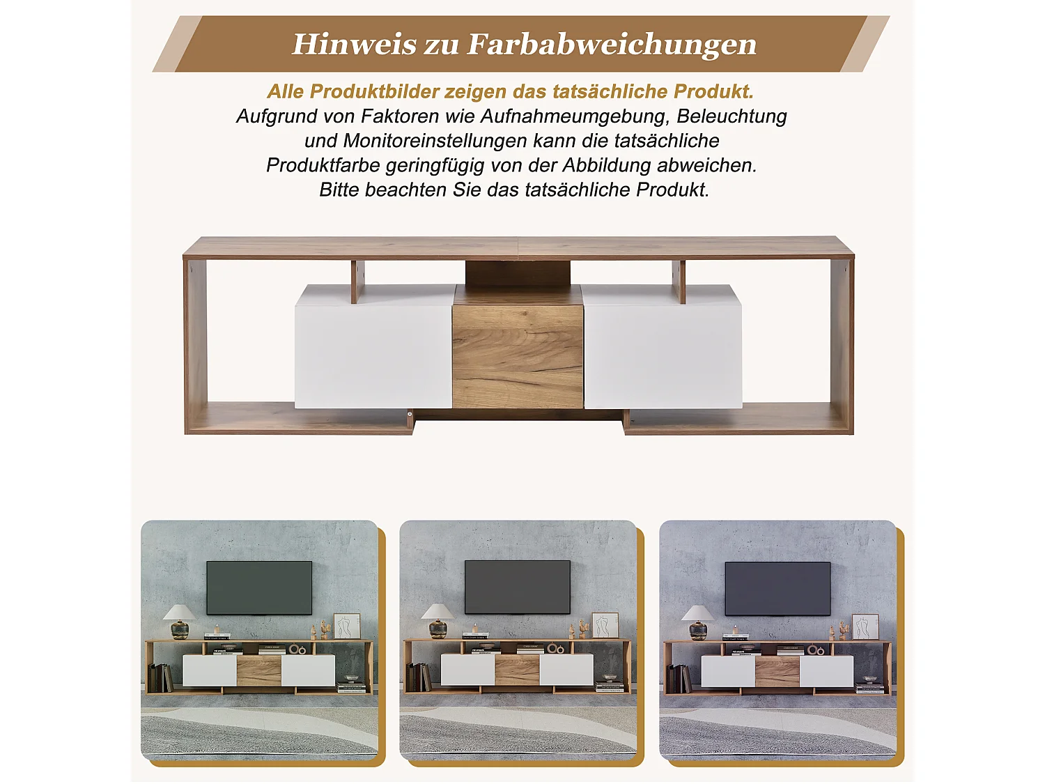 TV-Möbel mit 3 Türen, 3 offenen Fächern und Kabelmanagement – Spanplatte – 180 x 30 x 49 cm – Weiß + Naturholz