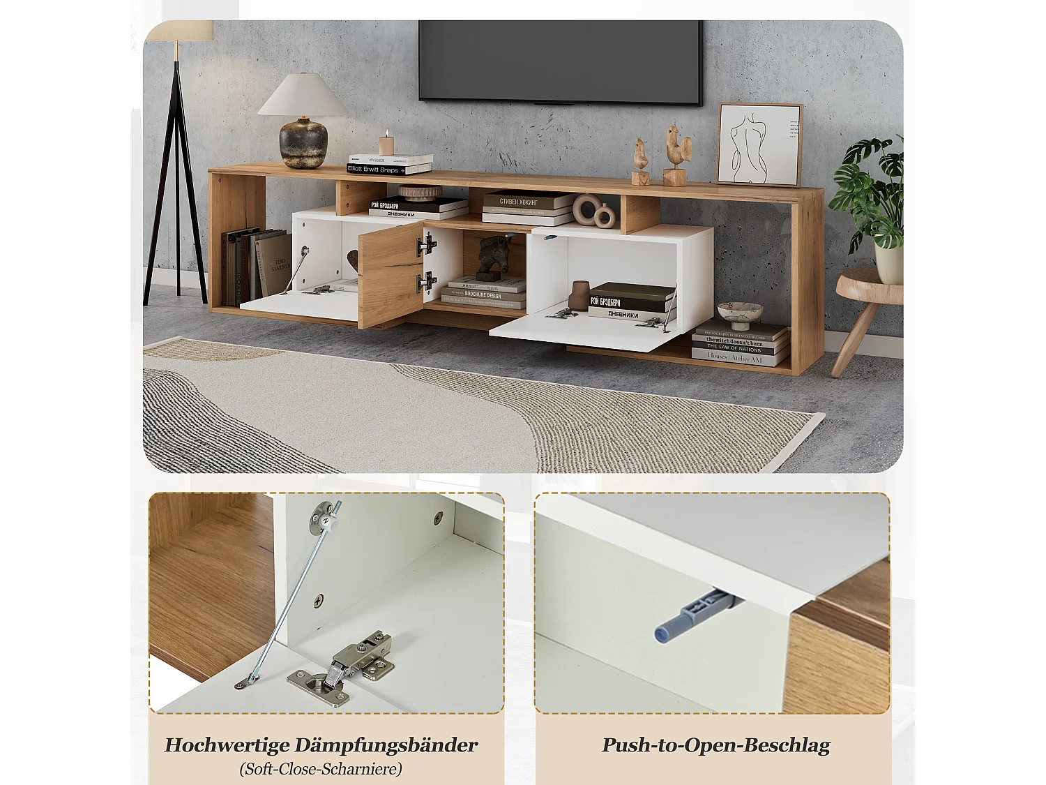 TV-Möbel mit 3 Türen, 3 offenen Fächern und Kabelmanagement – Spanplatte – 180 x 30 x 49 cm – Weiß + Naturholz