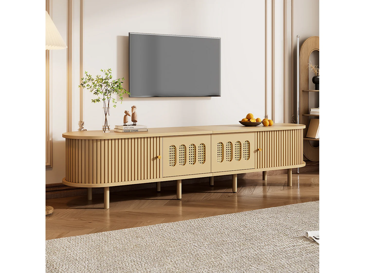 Meuble TV ovale 180x40x40 cm - 2 tiroirs en osier et 2 portes coulissantes - MDF - Convient aux TV jusqu'à 75 pouces - Naturel